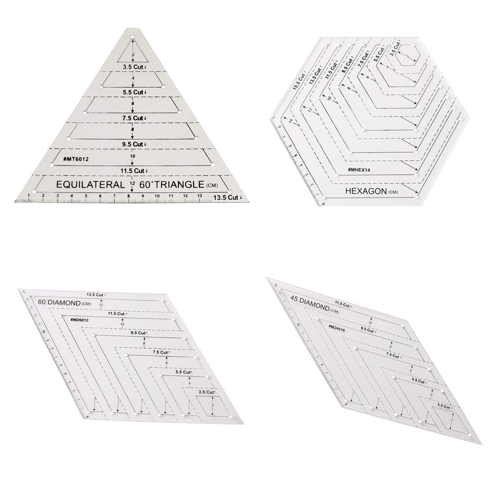 CUTOOP 4Pcs Acrylic Sewing Ruler Set - Diamond Hexagon Triangle Patchwork Quilting Templates for DIY Craft Projects | Perfect for Quilters, Sewing Enthusiasts & Fabric Art