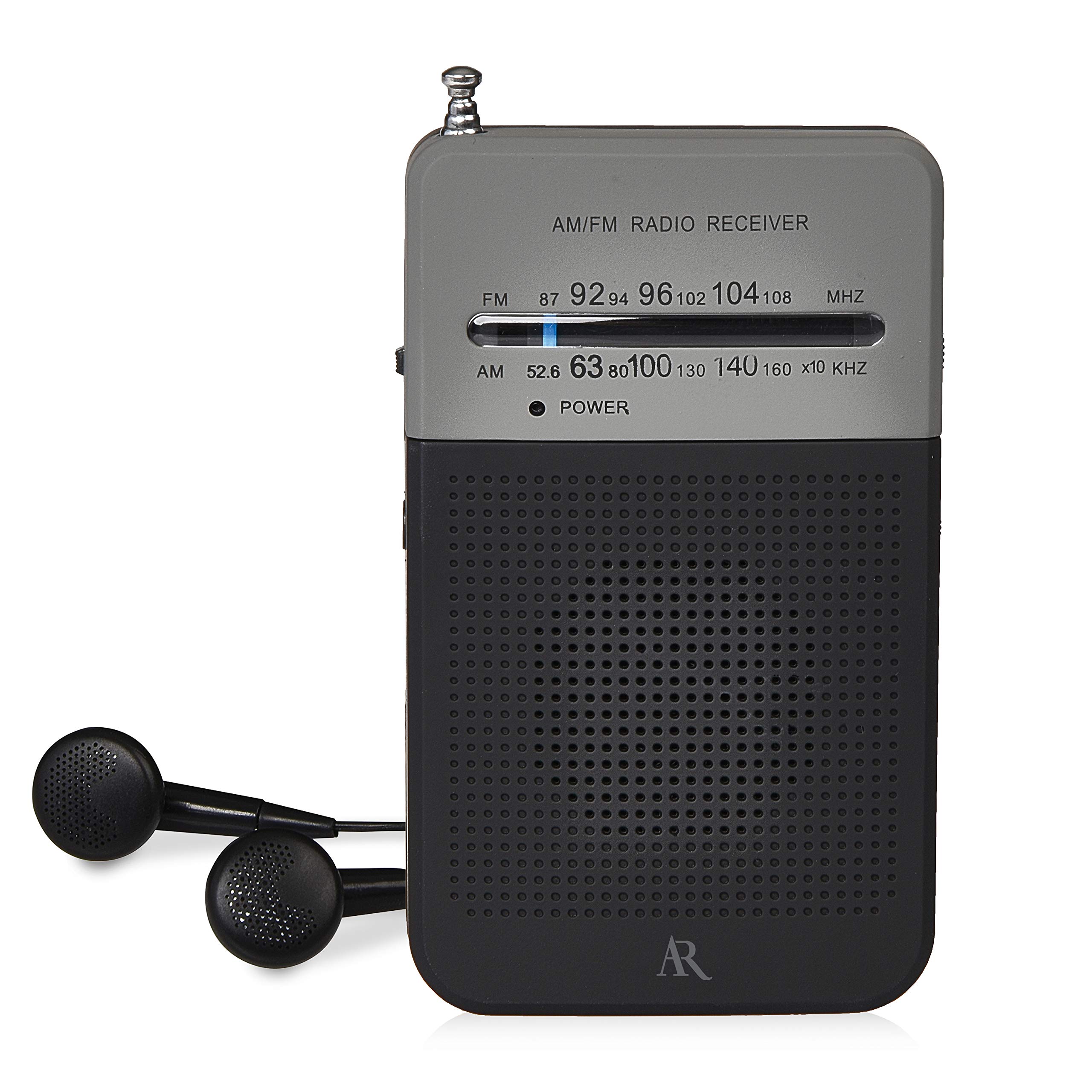 Acoustic Research Portable AM/FM Radio with Belt Clip - Built-in Speaker & Headphone Jack, Battery Powered for Outdoor, Emergency & Travel Use | Black & Grey Rubberized Finish