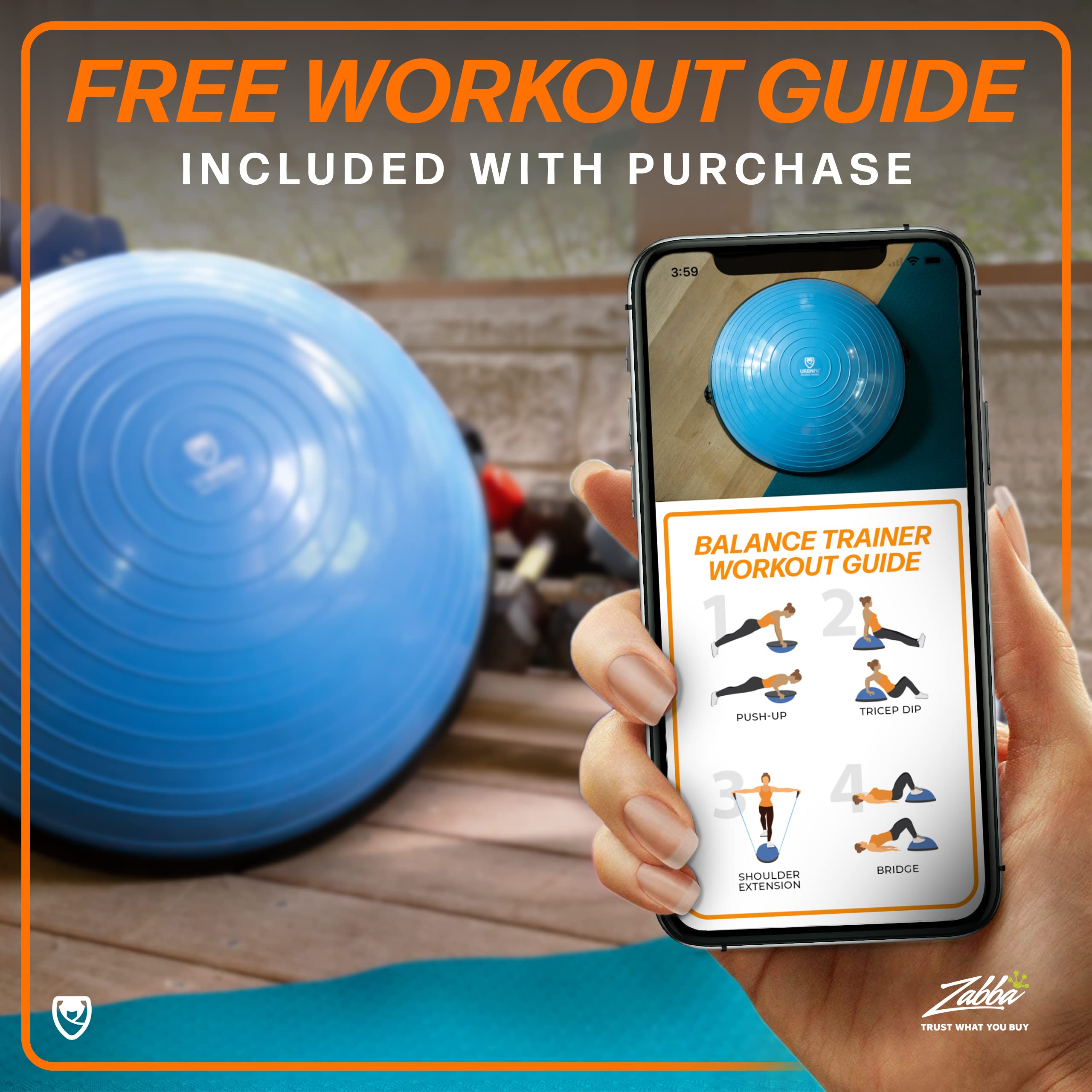 URBNFit Half Balance Ball - Core Stability & Full Body Workout Yoga Ball for Home Gym Fitness - Includes Resistance Bands, Pump & Exercise Guide - Perfect for Yoga, Pilates, Physical Therapy and Office Chair Workouts