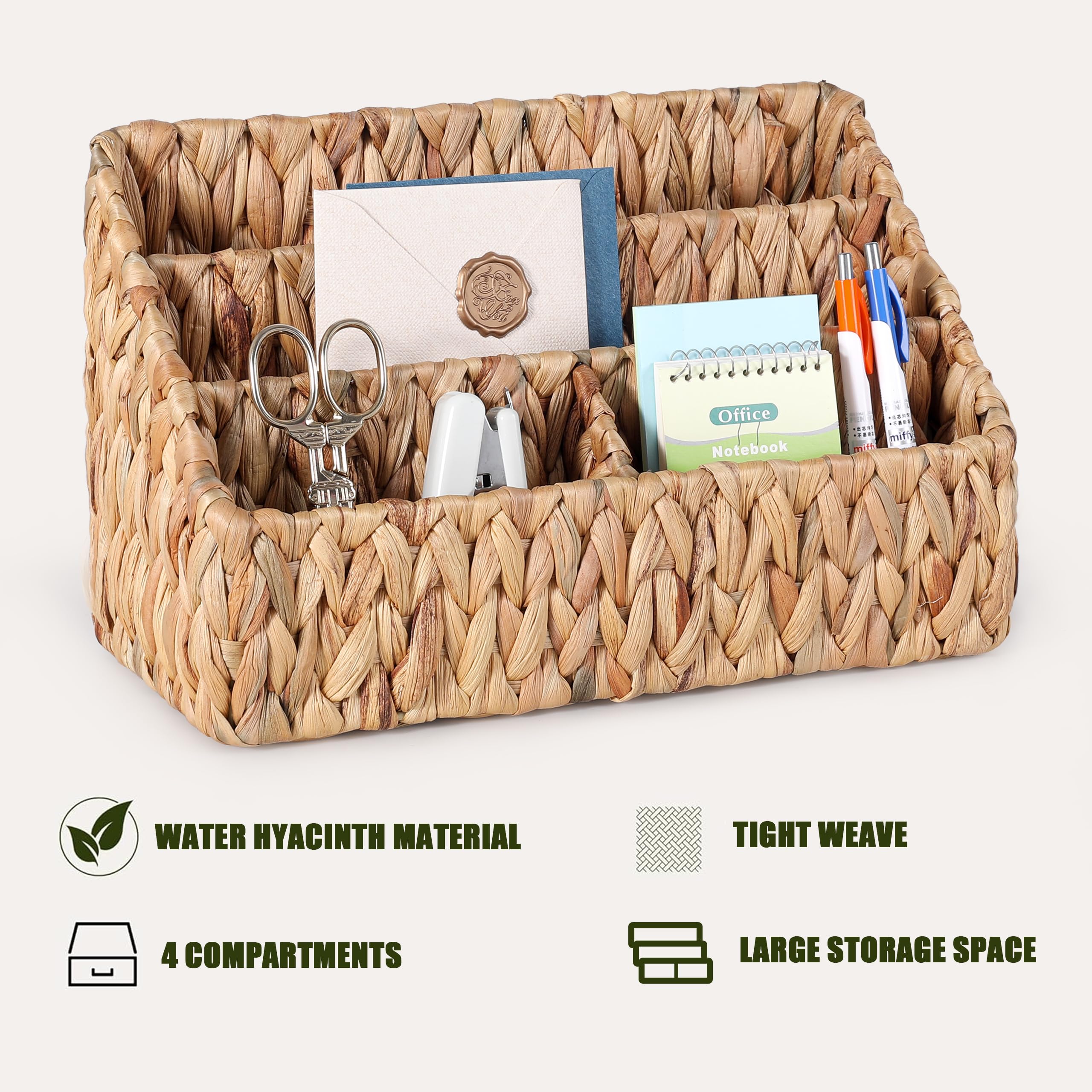 Natural Water Hyacinth Farmhouse Desk Organizer - Large Countertop Mail Holder & Tabletop Storage Basket | Perfect for Home Office, Kitchen Counter, Entryway Organization