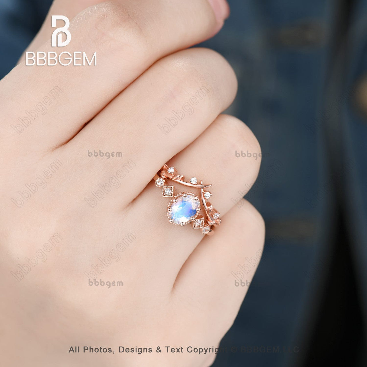 Vintage Art Deco 14K Rose Gold Moissanite & Moonstone Statement Ring Set - 5 Stone Oval Bridal Ring for Women - Perfect for Weddings, Anniversaries & Special Occasions
