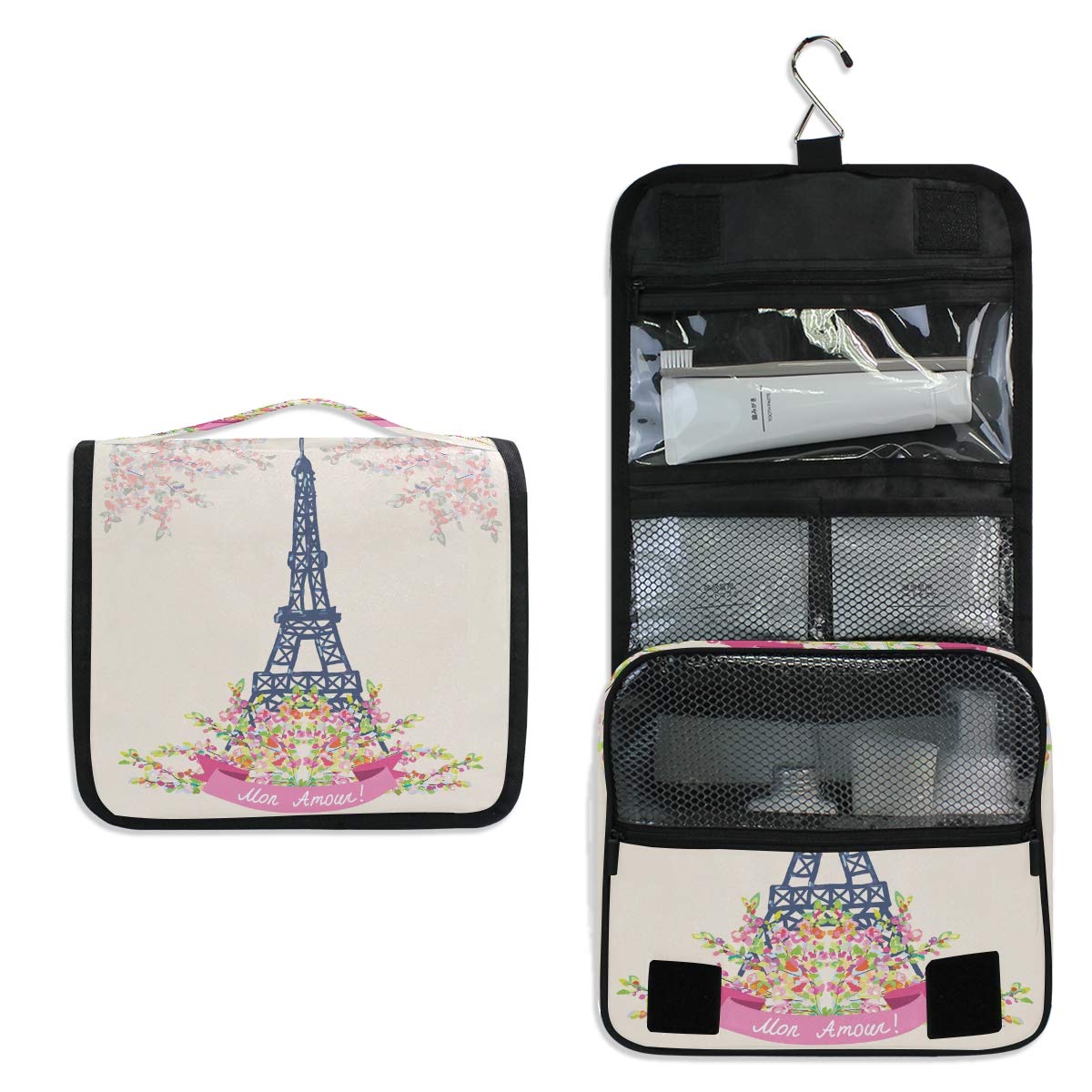 ALAZA Paris Eiffel Tower Vintage Floral Hanging Toiletry Bag - Waterproof Travel Cosmetic Organizer with Hook for Makeup, Toiletries & Jewelry | Perfect for Vacation, Gym & Business Trips