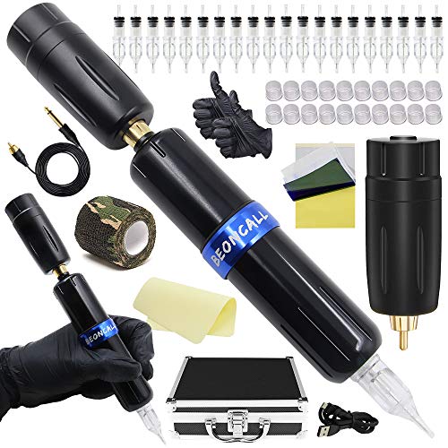 Beoncall Wireless Tattoo Pen Kit - Professional Cartridge Tattoo Machine with Power Supply, 20pcs Needles & Foot Pedal - Portable Tattoo Supplies Set with Carry Case (Black) | Perfect for Tattoo Artists, Beginners & Professional Tattooing at Home or Studio