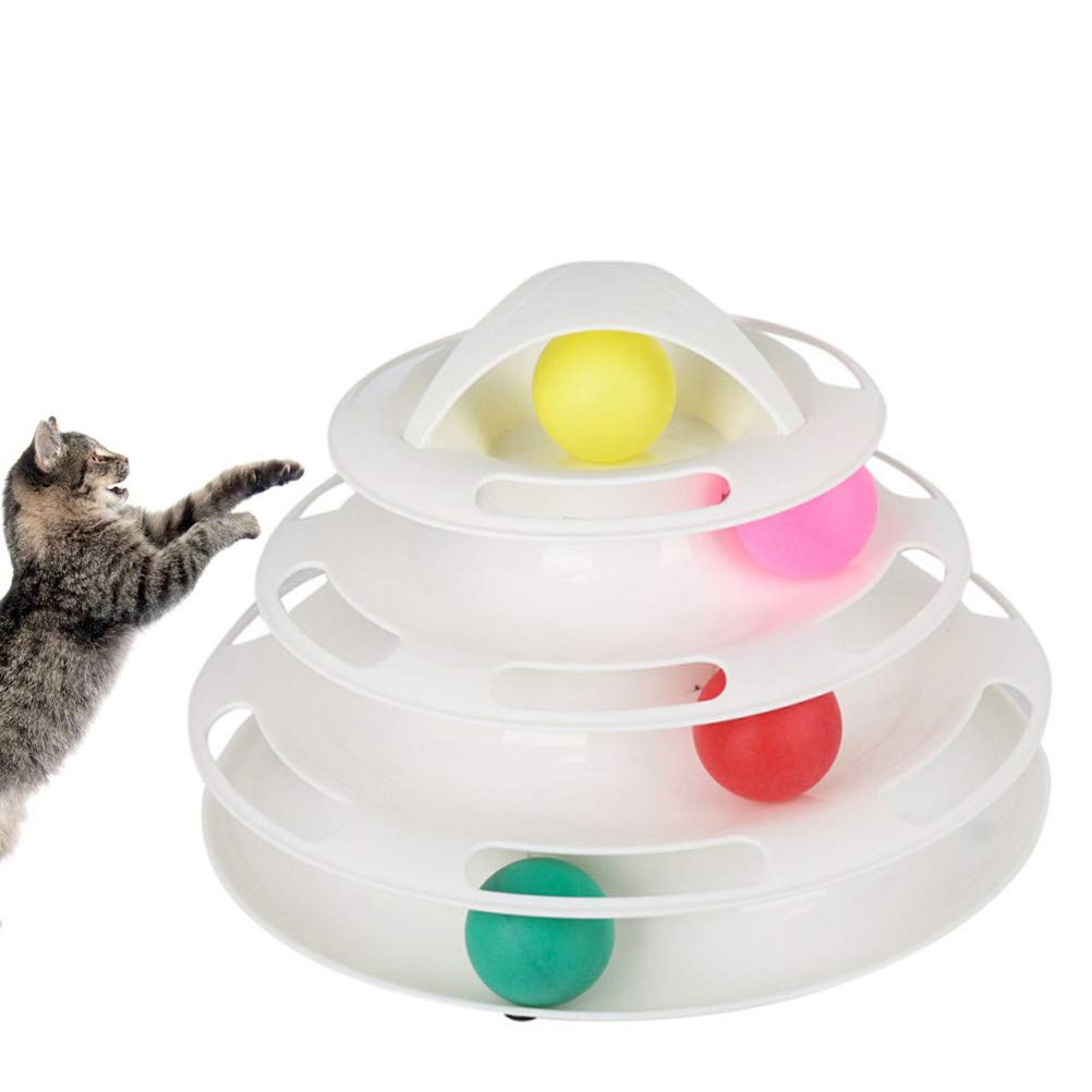 Interactive Cat Ball Toy with Roller Tracks & Drone Propeller Guard - 4-Level Exercise Toy for Cats to Stay Active & Fit - Perfect for Indoor Play, Exercise, and Mental Stimulation (White)