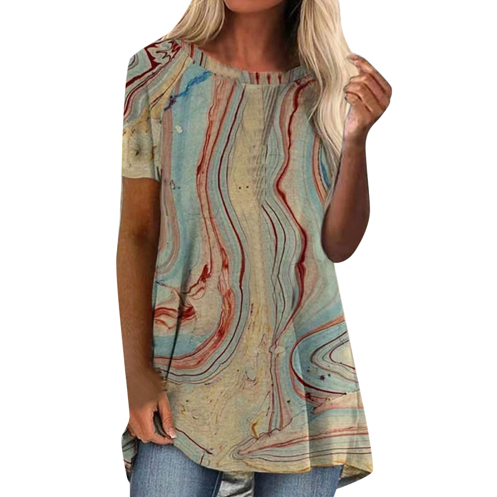 Blekii Women's Marble Print Short Sleeve T-Shirt - Round Neck Graphic Tee | Summer Casual Loose Fit Tunic Top for Everyday Wear, Outings & Vacation