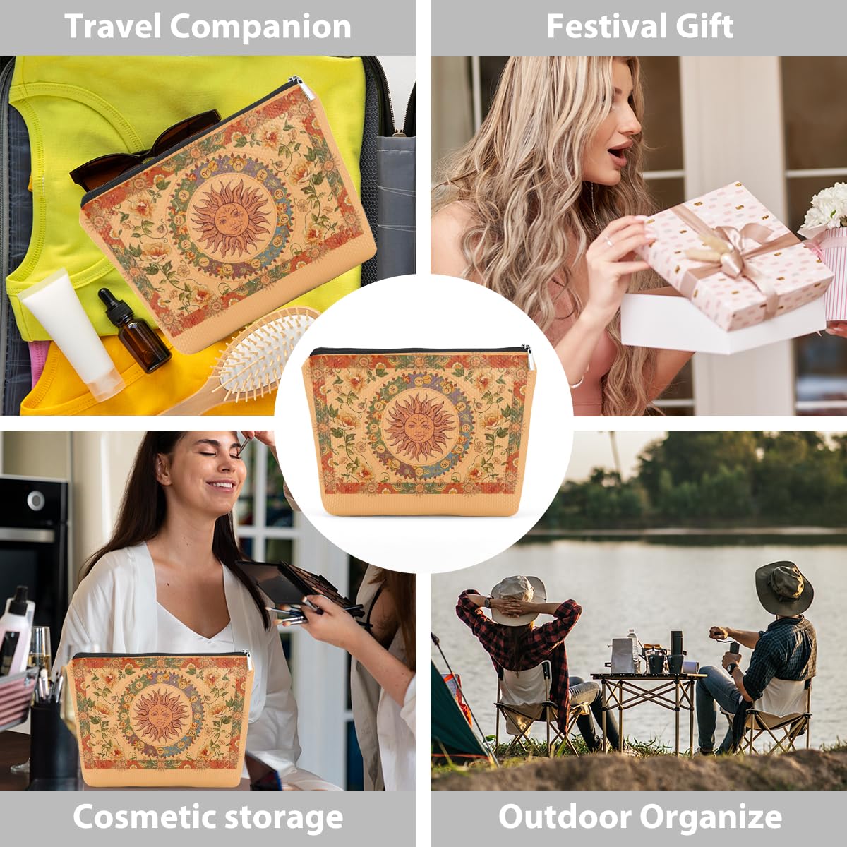 Boho Witch Cosmetic Bag - Hippie Makeup Pouch for Women & Teens - Sun & Moon Astrology Floral Travel Organizer - Perfect Gift for Mother's Day, Graduation, Birthday - Great for Travel, Daily Use & Festival Outfits
