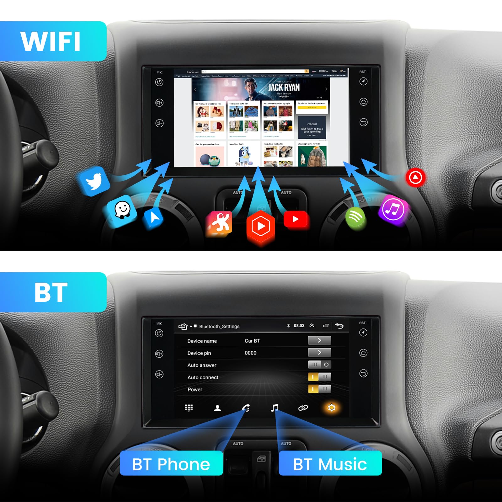 MekdeTech 7 Inch Android Car Stereo for Jeep Wrangler JK Compass Patriot/Chrysler/Dodge RAM Charger - Wireless CarPlay & Android Auto, 2GB RAM 32GB ROM, GPS Navigation Head Unit - Perfect for Road Trips & Daily Commutes