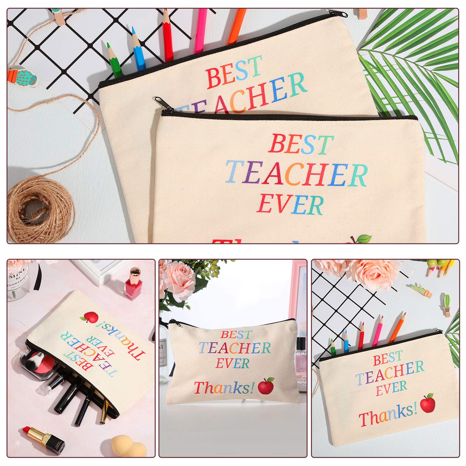 15-Piece Canvas Makeup Bag Set for Teachers - Cosmetic Pouch, Pencil Case & Travel Toiletry Organizer with Zipper - Perfect Teacher Appreciation Gift (3 Styles) - Great for School, Travel & Daily Organization