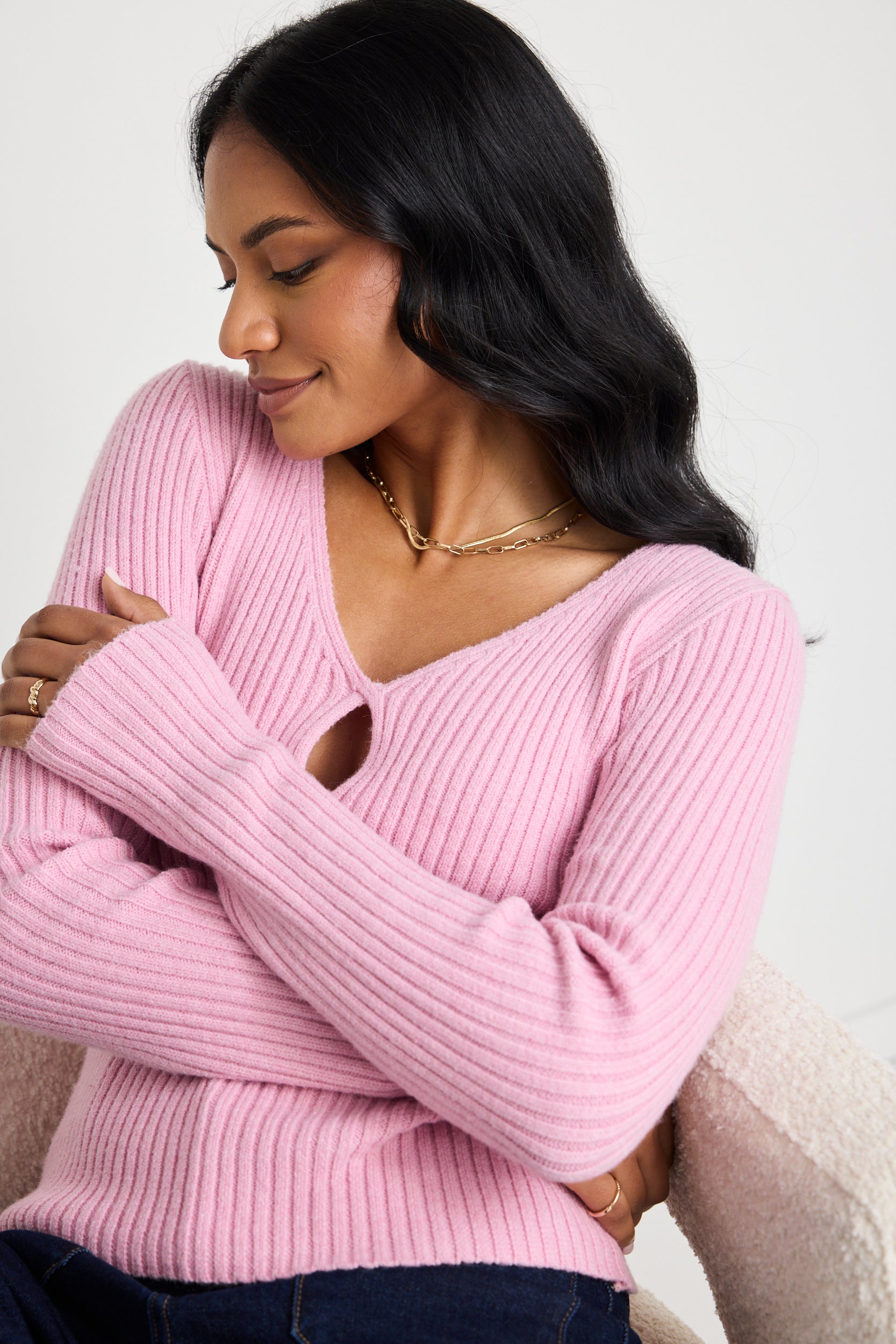 Apollo Candyfloss Long Sleeve Rib Knit Split Front Top for Women - Soft & Stylish Casual Wear for Fall & Winter