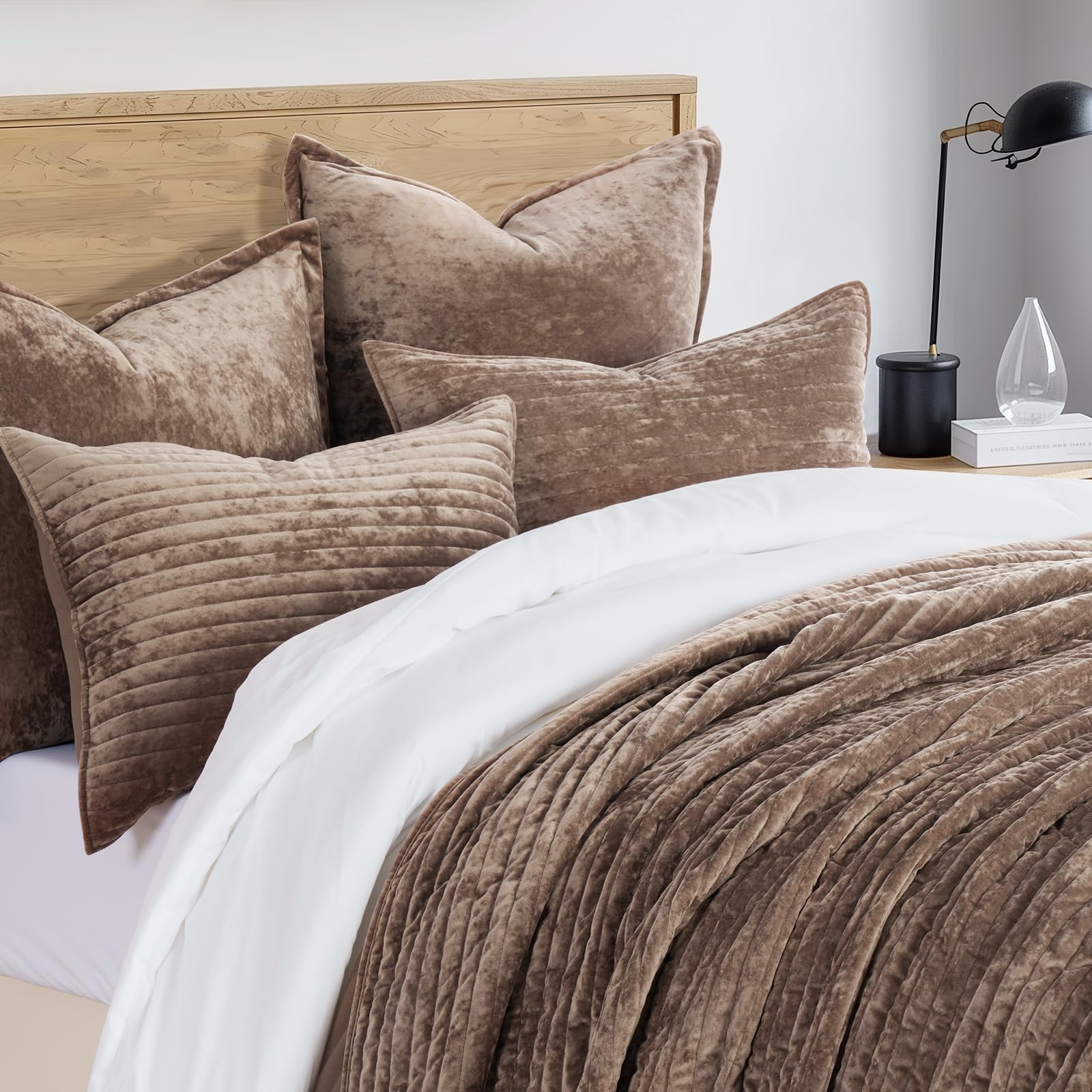 Luxurious Velvet Quilt Set King Size - Soft Striped Channel Bedding with Lightweight Comforter for All Seasons | Oversized Bedspread Coverlet & 2 Matching Shams in Mocha Brown | Perfect for Master Bedroom, Guest Room & Cozy Winter Nights