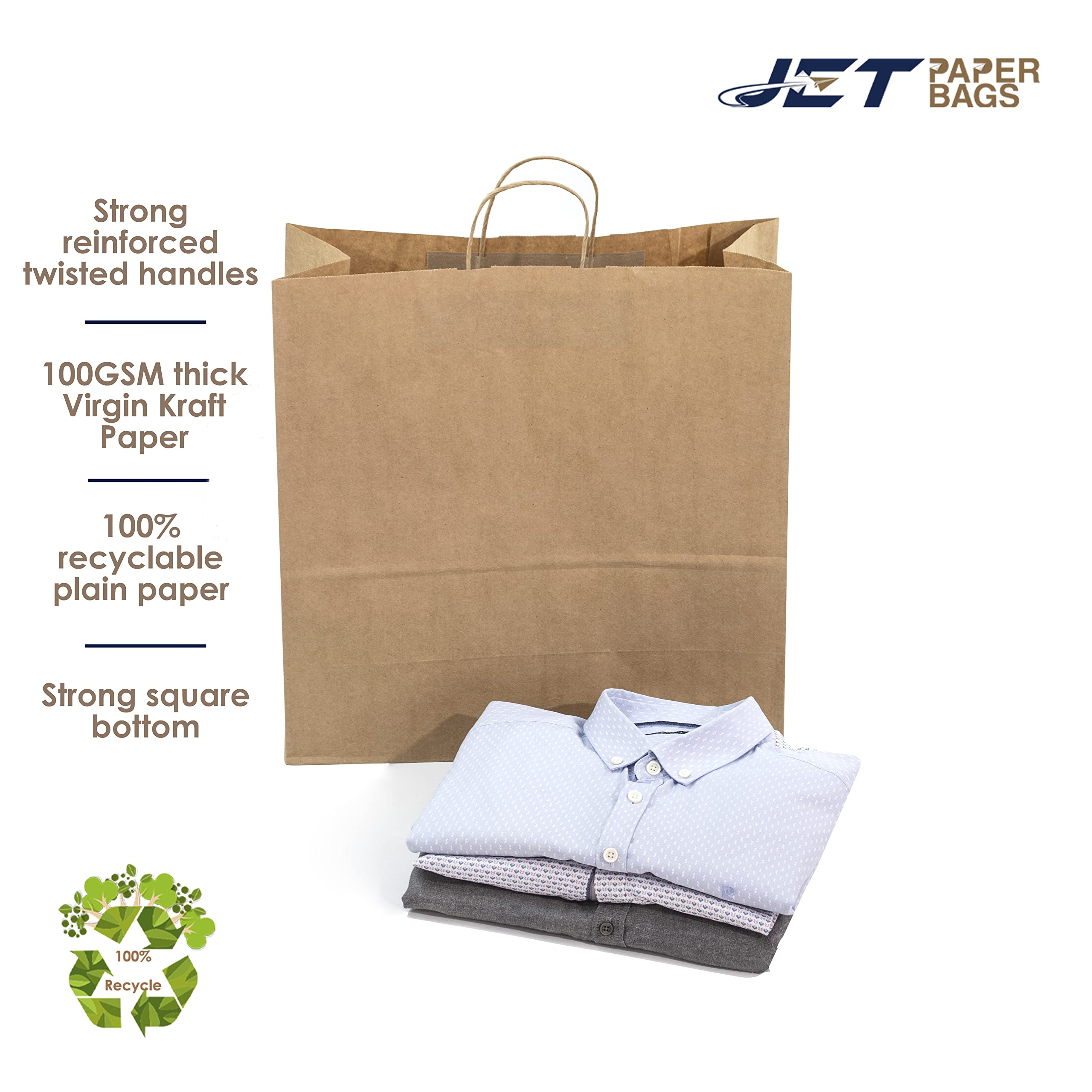 JET PAPER BAGS - 18x7x18 Inch [100 Pcs] Large Brown Kraft Paper Bags with Handles for Takeout, Grocery, Retail, Party, Wedding Gifts - Eco-Friendly Recyclable Gift Bags for Shopping, Packaging, and Events