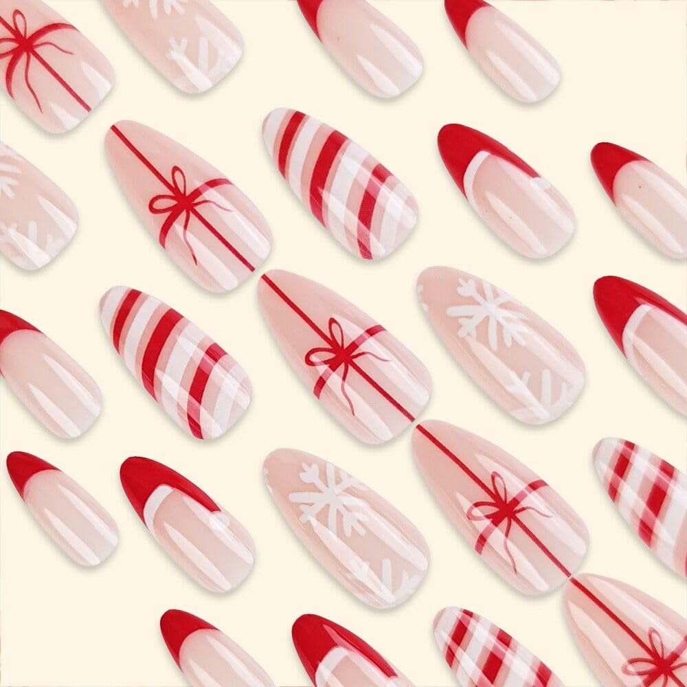 24Pcs Christmas Press on Nails - Almond Shape Fake Nails with Red Christmas Hat & French Tip Designs | Acrylic Glue on Nails | Glossy Full Cover Snowflake Bow Stick on Nails for Women | Perfect for Holiday Parties, Gift Giving & Festive Nail Art