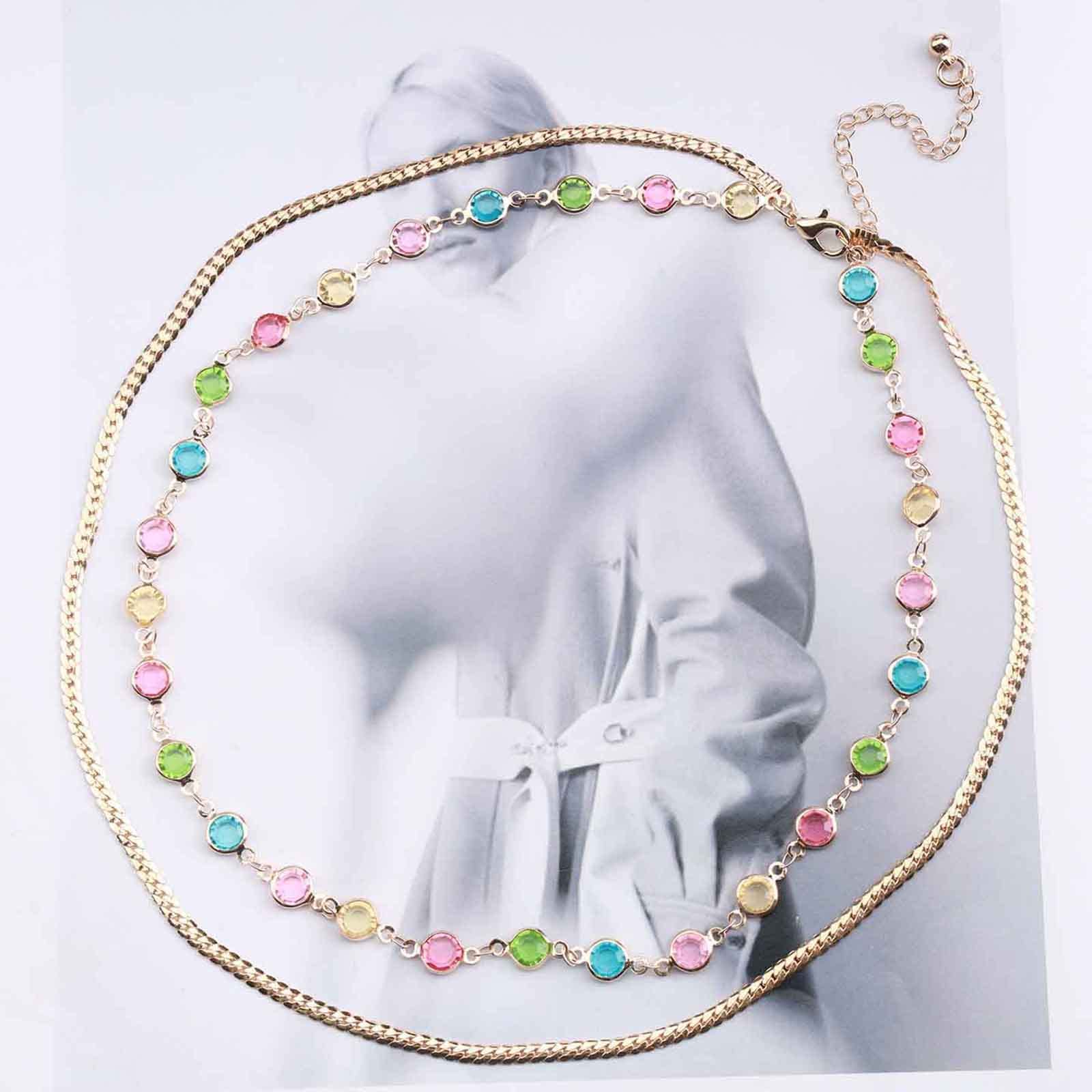 Bohemian Rainbow Crystal Bezel Snake Chain Necklace - Gold Layered Clavicle Choker Jewelry for Women | Perfect for Boho Chic Outfits, Festivals & Layered Necklace Styling