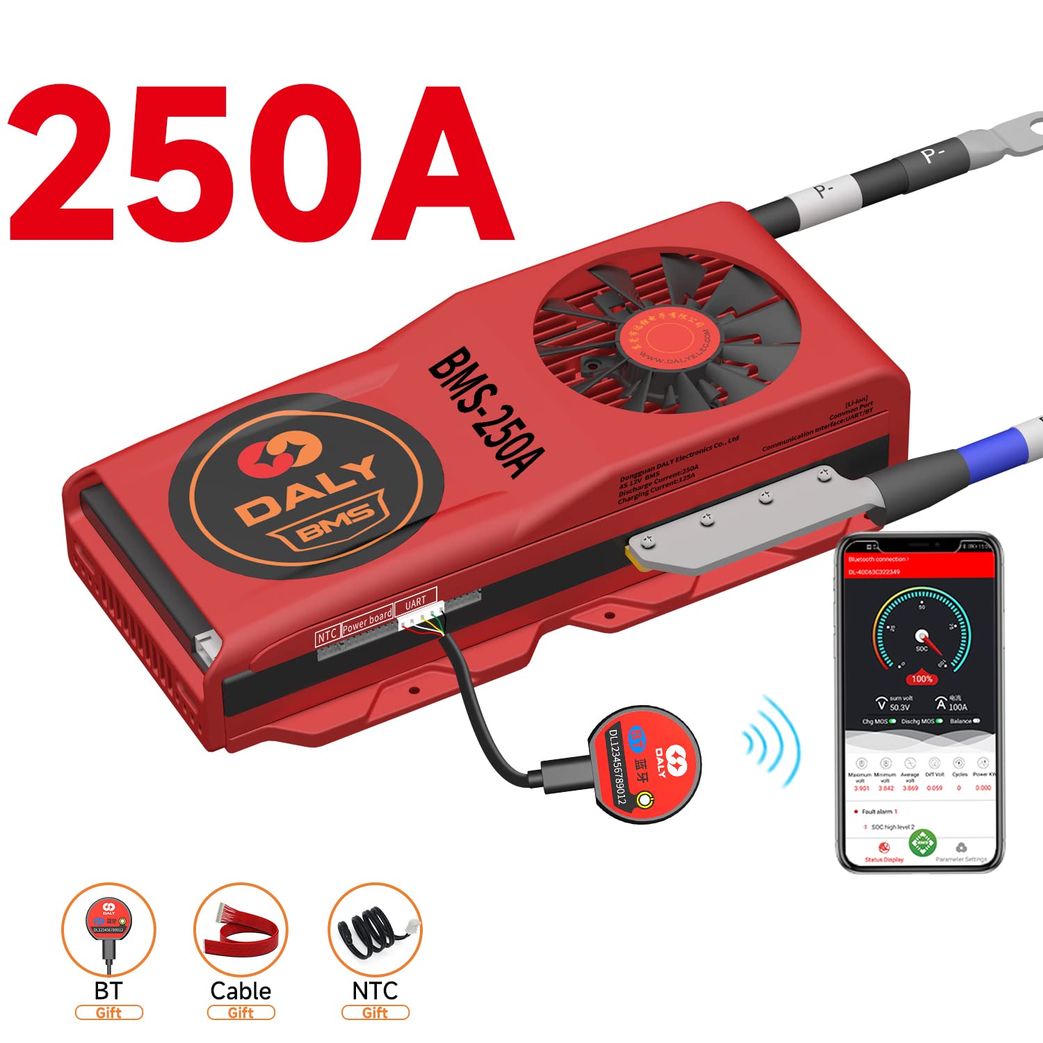 DALY Smart BMS 4S 12V 250A Lithium Battery Protection System with Bluetooth & Cooling Fan - SOC Monitoring for 3.7V Li-ion Battery Packs, Solar Energy Storage, RV, Marine, and Home Backup Power Solutions