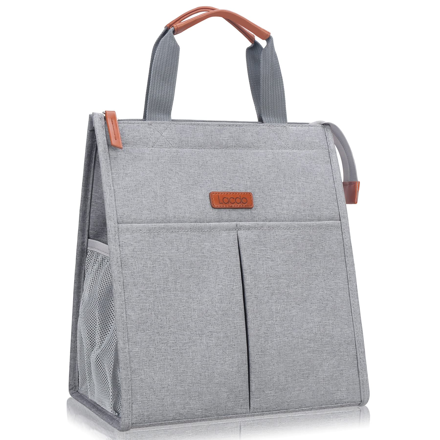 Lacdo Insulated Lunch Bag for Women & Men - Waterproof Reusable Lunch Tote with Pockets - Soft Cooler for Work, Office, Travel, Picnic & Outdoor Activities - Gray