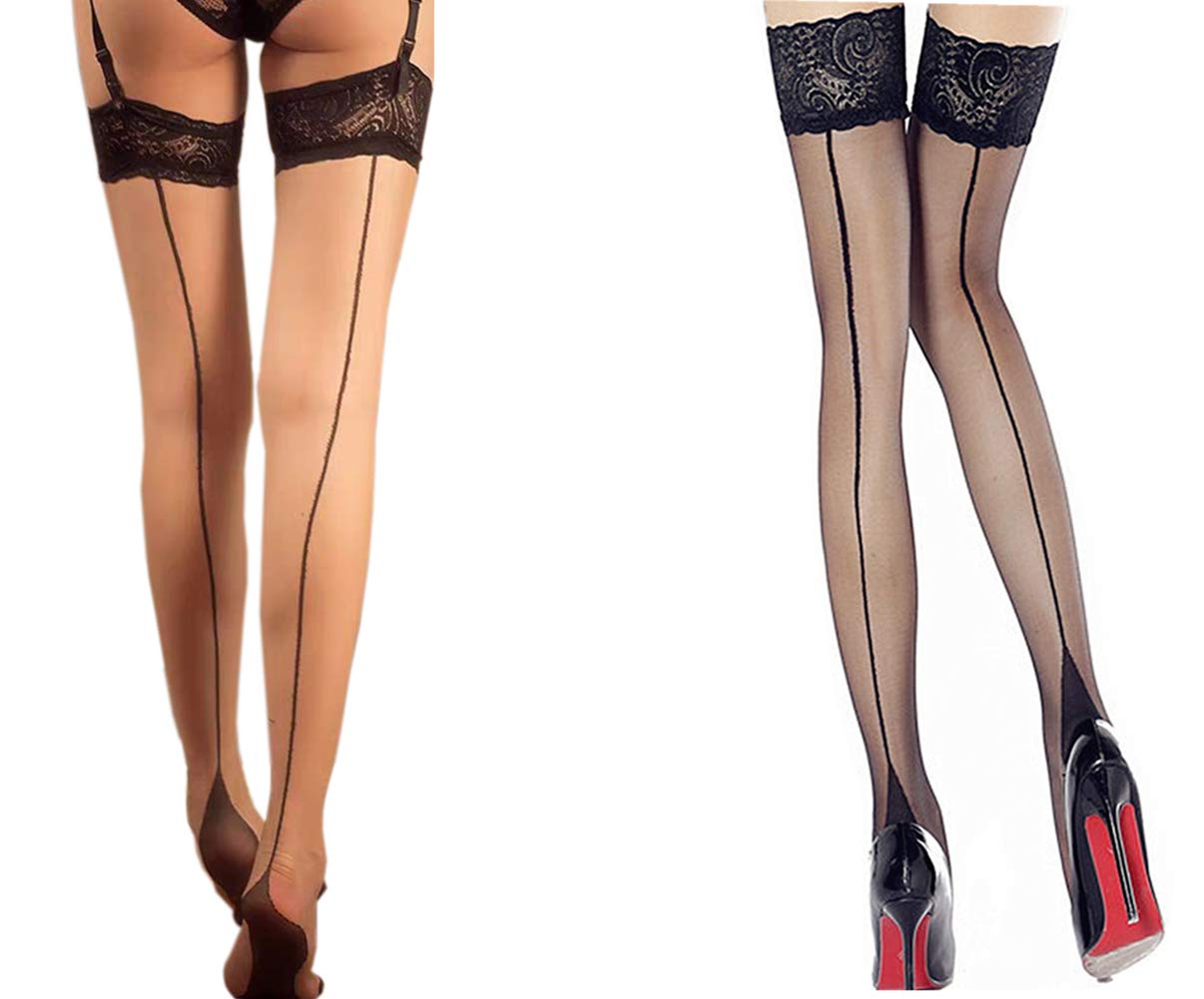 2 Pack Nylon Sexy Thigh High Stockings with Back Seam - Women's Suspender Garter Belts & Cuban Heel Tights Pantyhose (Lace Black) | Perfect for Cosplay, Date Nights & Boudoir Photography