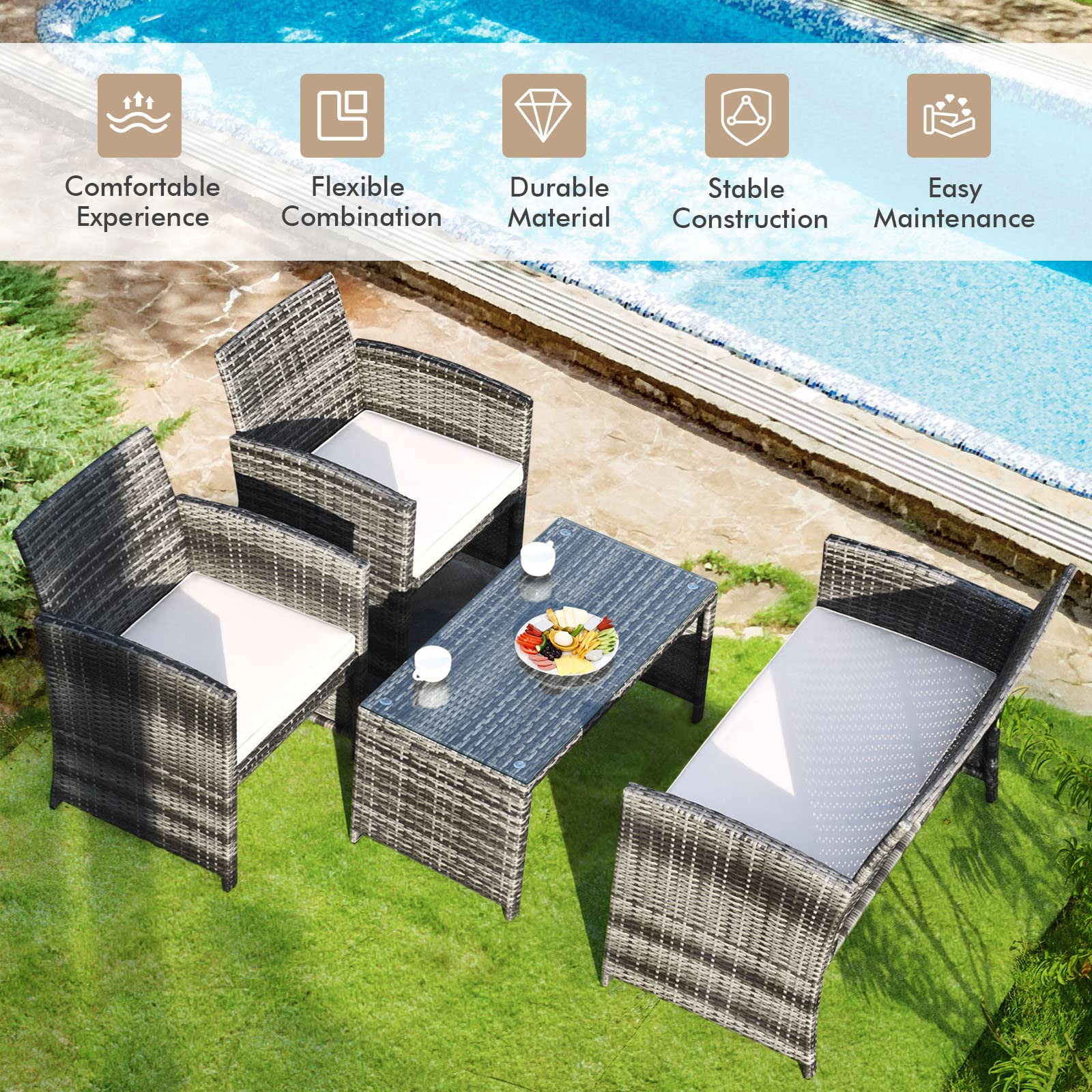 Goplus 4-Piece Rattan Patio Furniture Set, Outdoor Wicker Sofa Set with Weather-Resistant Cushions & Tempered Glass Table - Perfect for Backyard, Garden, Poolside, and Patio Relaxation (Beige)