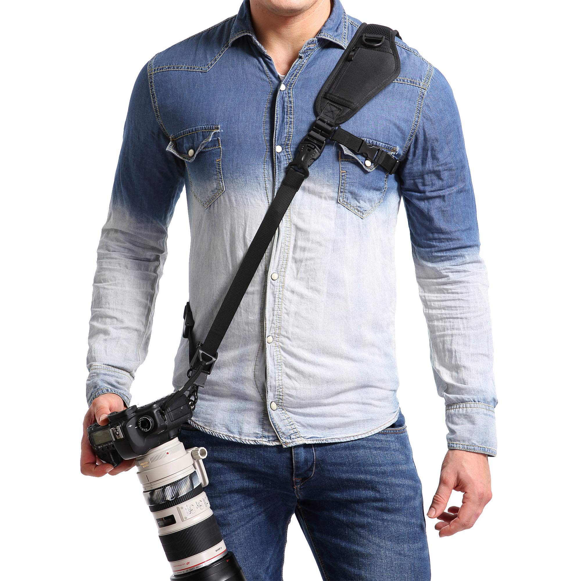 Waka Quick Release Camera Neck Strap with Safety Tether & Underarm Support - Adjustable DSLR Shoulder Sling for Nikon Canon Sony Fuji (Black) - Perfect for Travel, Hiking & Outdoor Photography