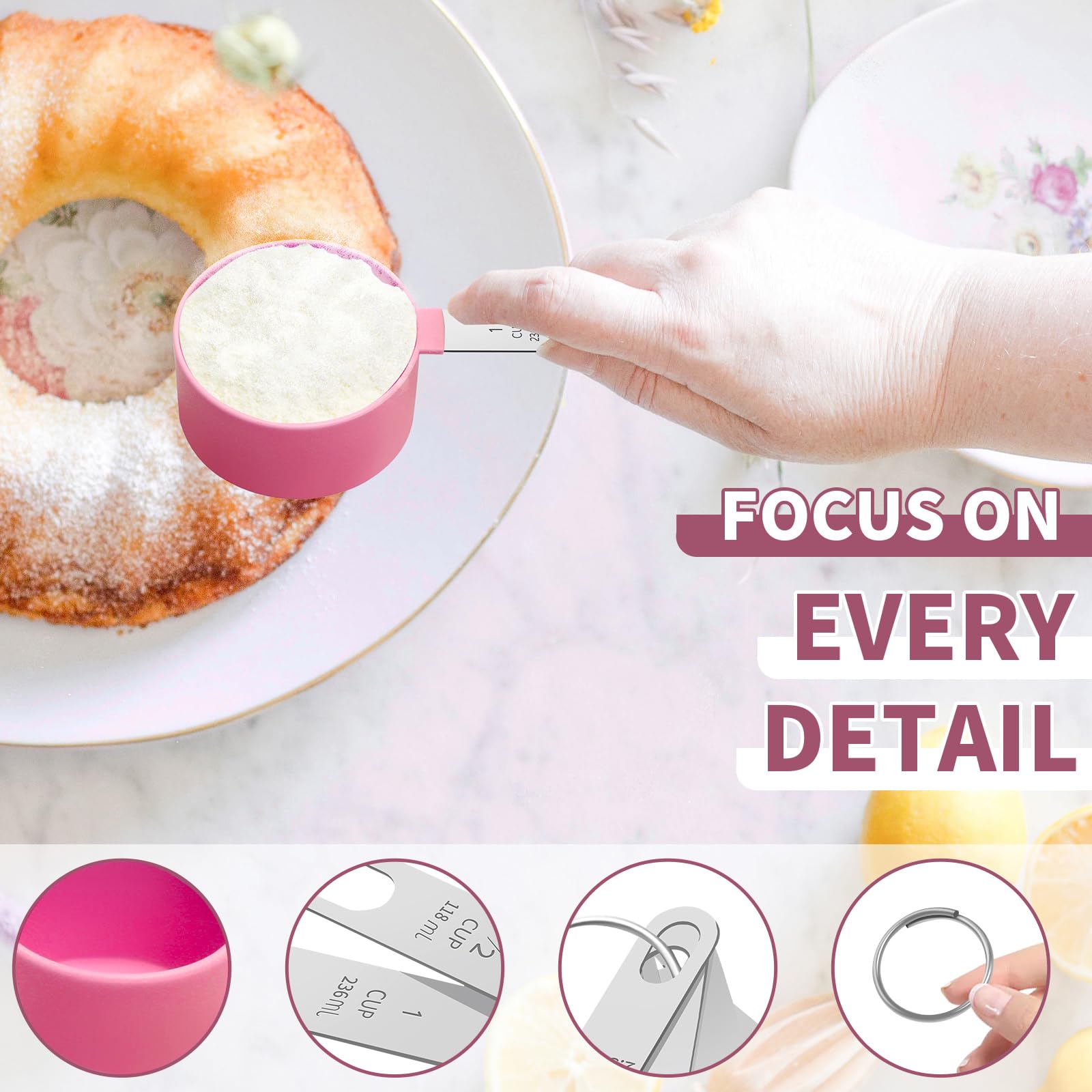 **Stainless Steel Measuring Cups and Spoons Set - Nesting Dry & Liquid Measuring Cups with Plastic Handle - Baking & Cooking Essentials for Kitchen (Pink)**    Perfect for measuring flour, sugar, spices, oils, and liquids – ideal for baking, meal prep, and home cooking.