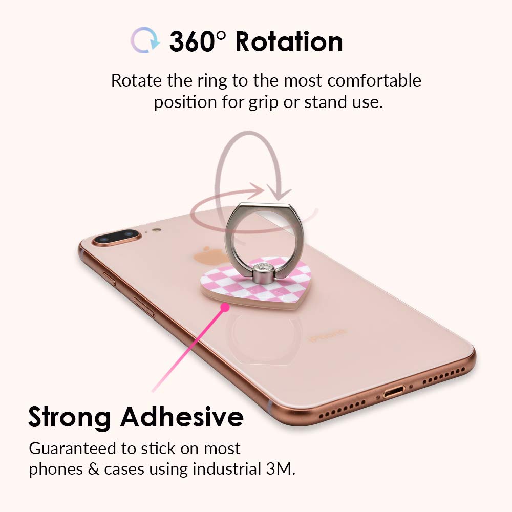 VELVET CAVIAR Phone Grip Ring Holder - Adjustable Finger Stand for iPhone 14/13/12, Samsung Galaxy S23/S22, Most Smartphones - Pink Checkered Heart Design (Perfect for Selfies, Video Calls & Secure Grip)