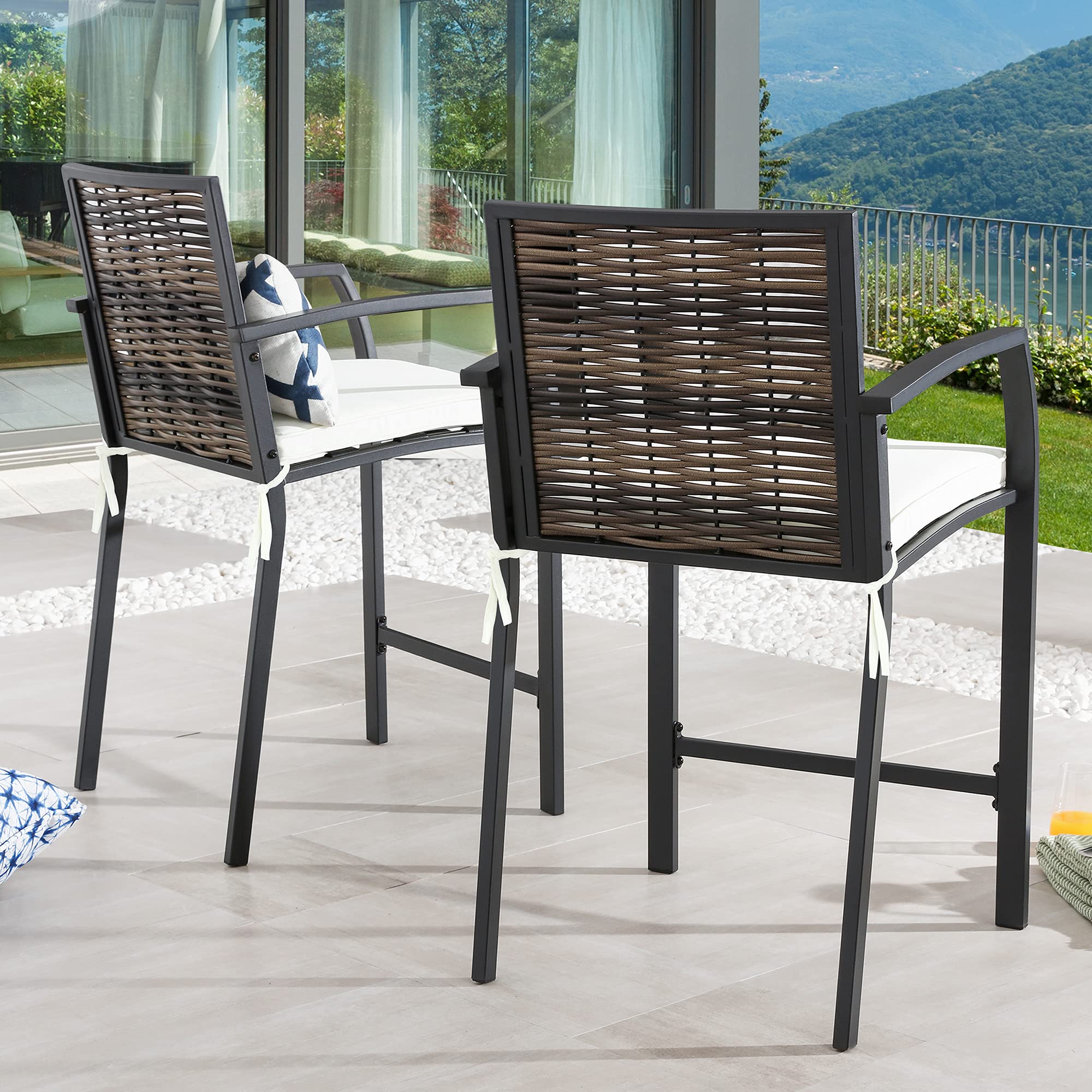 PatioFestival 4-Piece Outdoor Bar Stool Set - All-Weather Cushioned Metal Patio Chairs with Wicker Back (Brown) - Perfect for Backyard, Deck, Poolside & Outdoor Entertaining