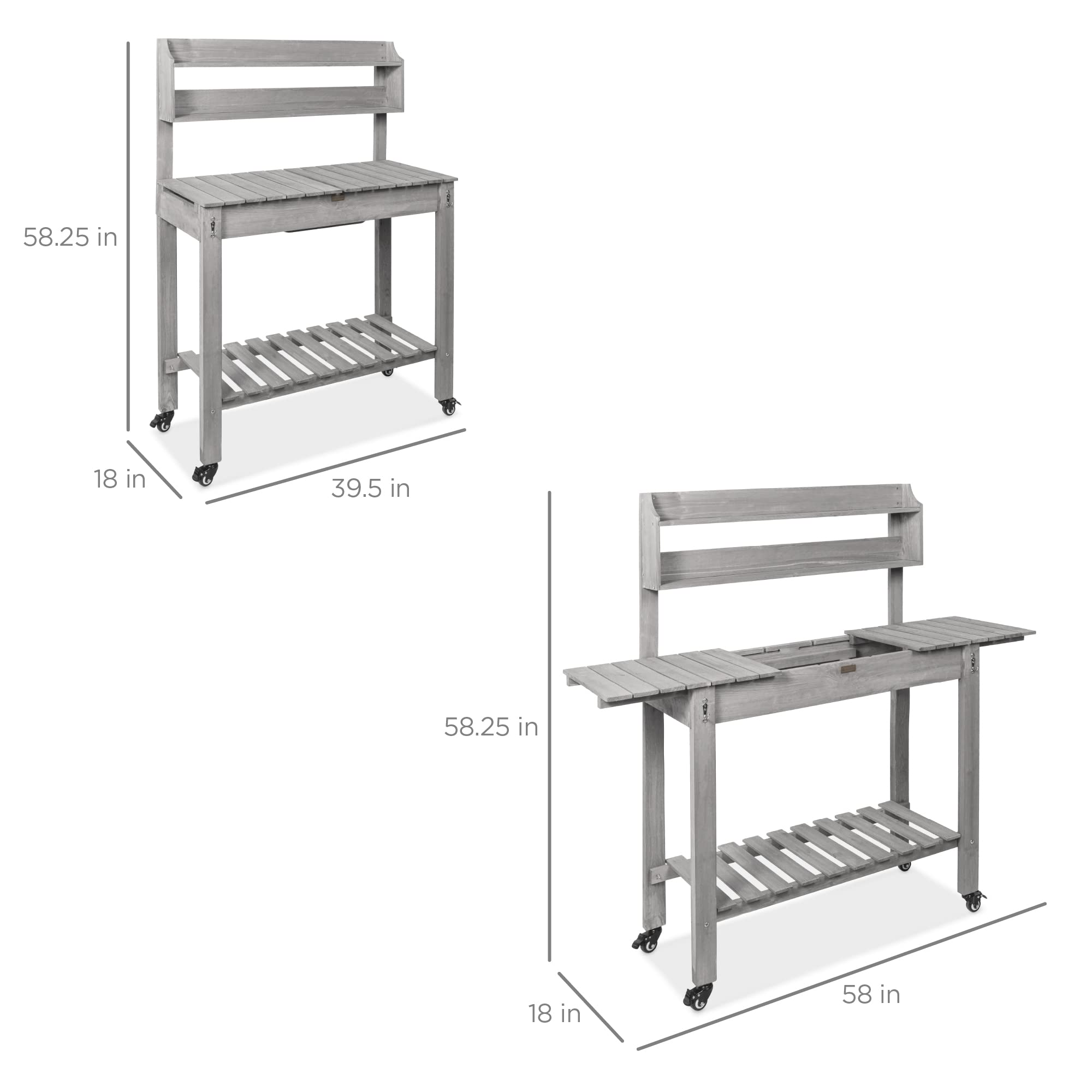 Best Choice Products Mobile Garden Potting Bench - Outdoor Wooden Workstation Table with Sliding Tabletop, 4 Locking Wheels, Food-Grade Dry Sink & Storage Shelves - Perfect for Gardening, DIY Projects & Outdoor Workspaces (Gray)