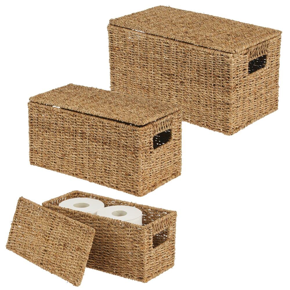 Natural Woven Seagrass Storage Baskets with Removable Lids - Set of 3 for Closet, Bedroom, Bathroom & Office Organization | Eco-Friendly Home Decor for Laundry, Entryway & Shelf Storage