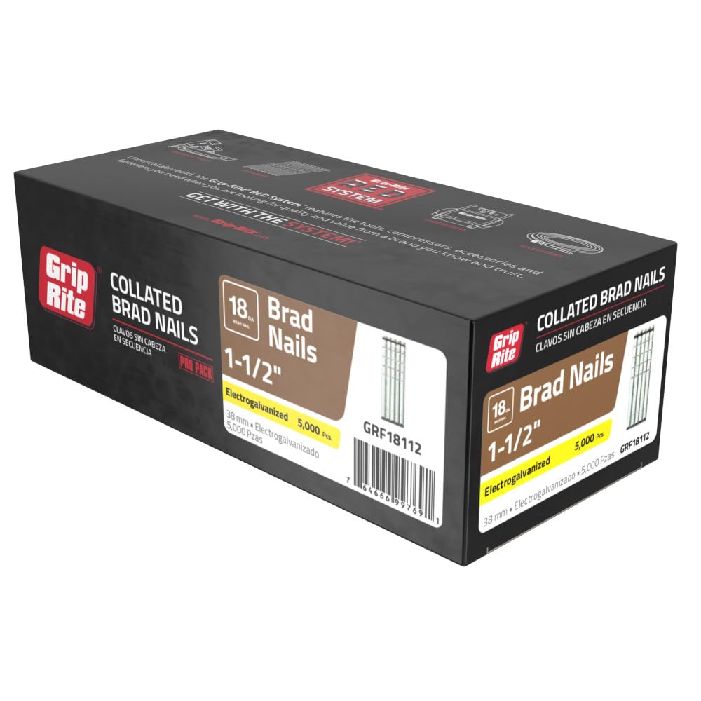 Grip Rite Prime Guard GRF18112 18-Gauge Galvanized Brad Nails 1-1/2-inch, 5,000 Pack, Steel Flat Nails for Woodworking, Trim, and Cabinetry