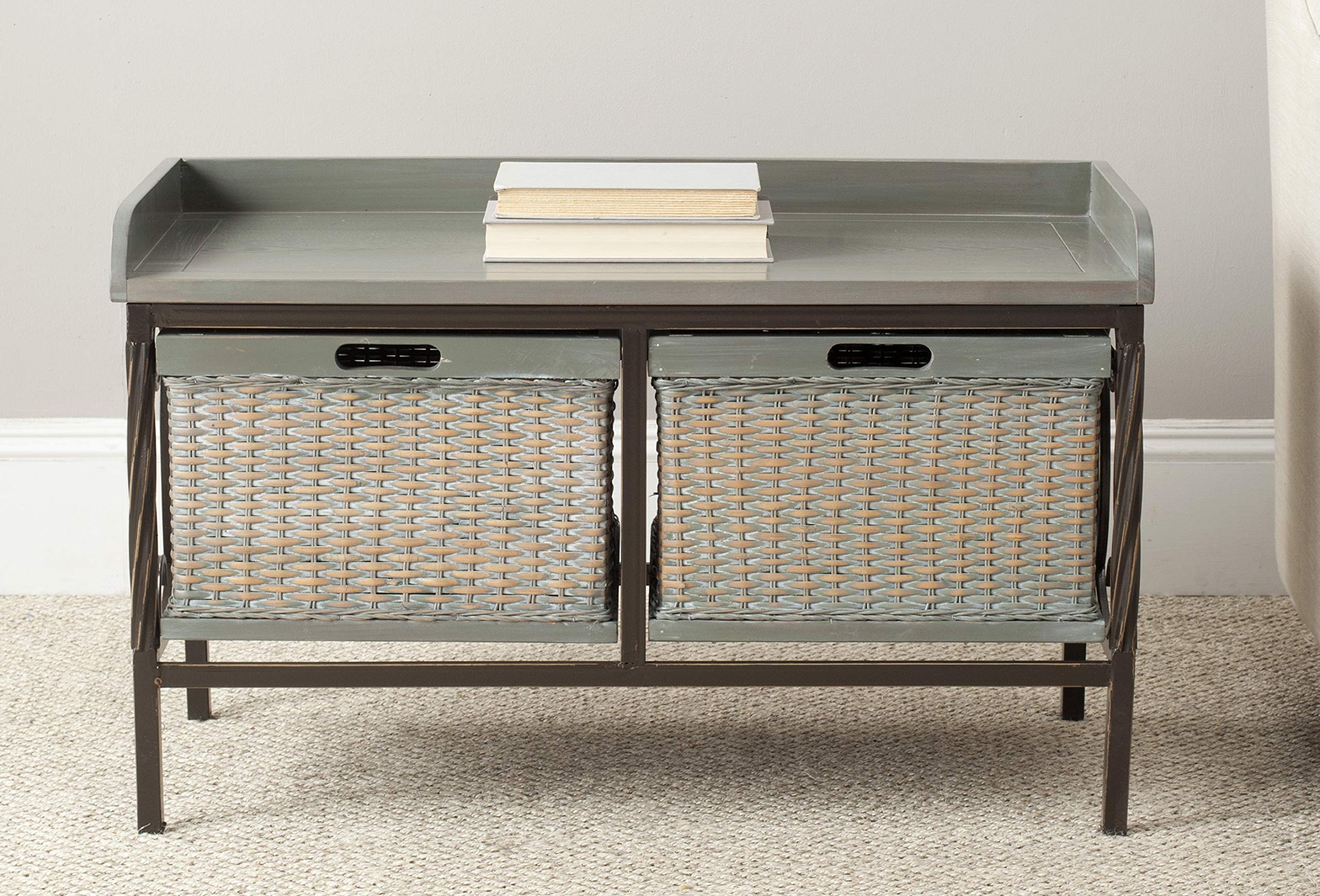 Safavieh American Homes Collection Noah Storage Bench - Antique Pewter & French Grey Upholstered Entryway Bench with Lift Top for Shoe Storage | Perfect for Hallway, Bedroom, or Mudroom Organization