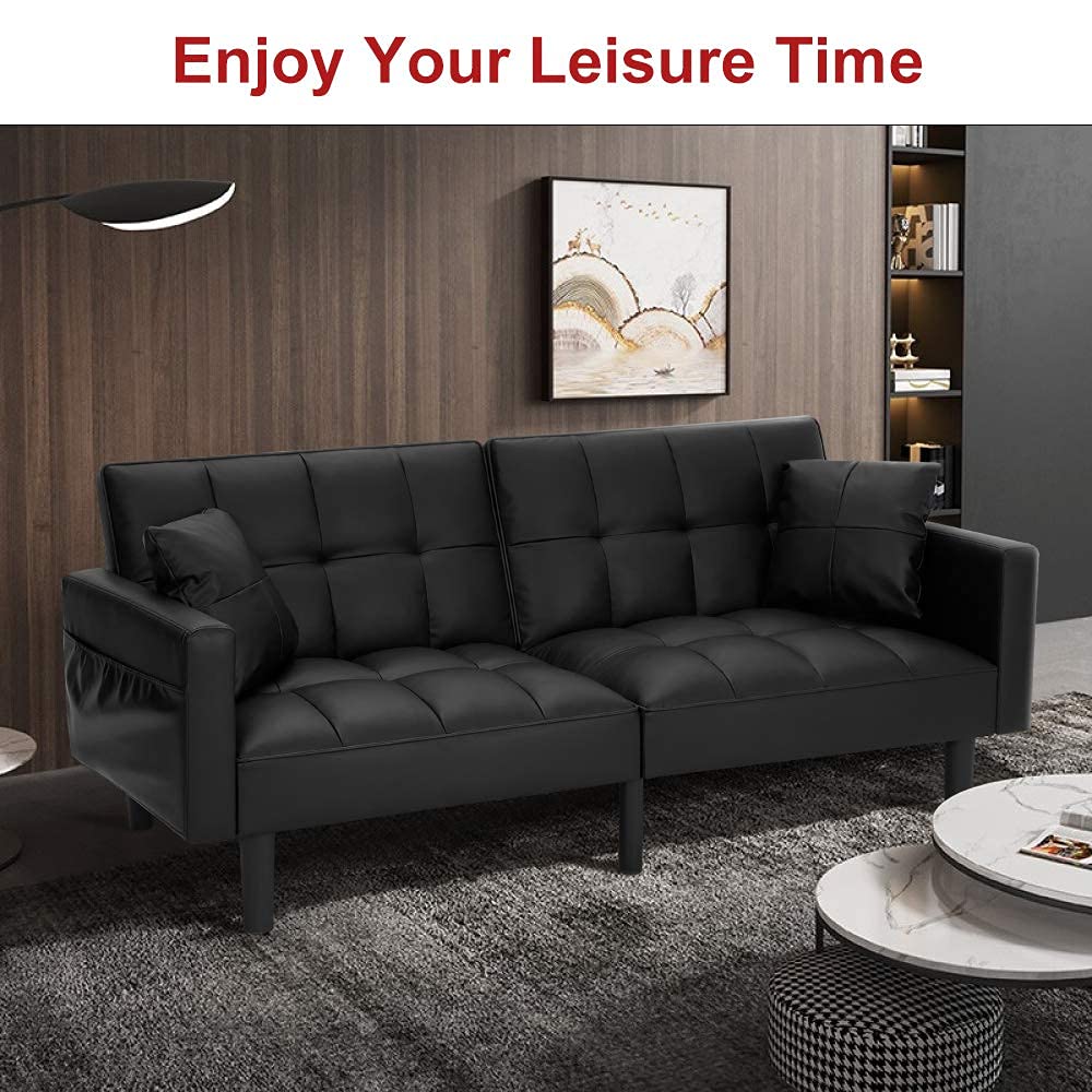 Modern Leather Convertible Futon Sofa Bed - Adjustable Back Recliner with Armrests - Folding Couch for Small Spaces - Black - Perfect for Living Rooms, Apartments & Guest Rooms