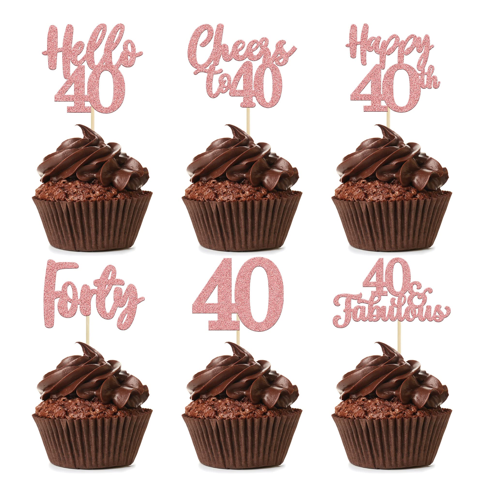 36Pcs Rose Gold Glitter 40th Birthday Cupcake Toppers - Hello 40 Cupcake Picks, Forty Cheers to 40 Fabulous Cake Decorations for Wedding Anniversary Party Supplies (Perfect for 40th Birthday Celebrations, Milestone Parties & Cake Decorating)