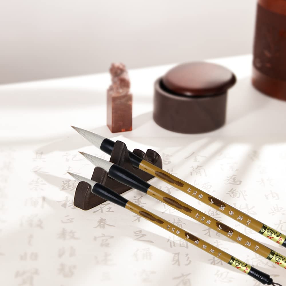 Premium Chinese Calligraphy Brush Set - 3 Sizes (Large, Medium, Small) with Wooden Pen Rest | Sumi Ink Painting & Kanji Writing Brushes for Professionals & Beginners | Perfect for Home Studio, Art Class & Traditional Asian Art Practice