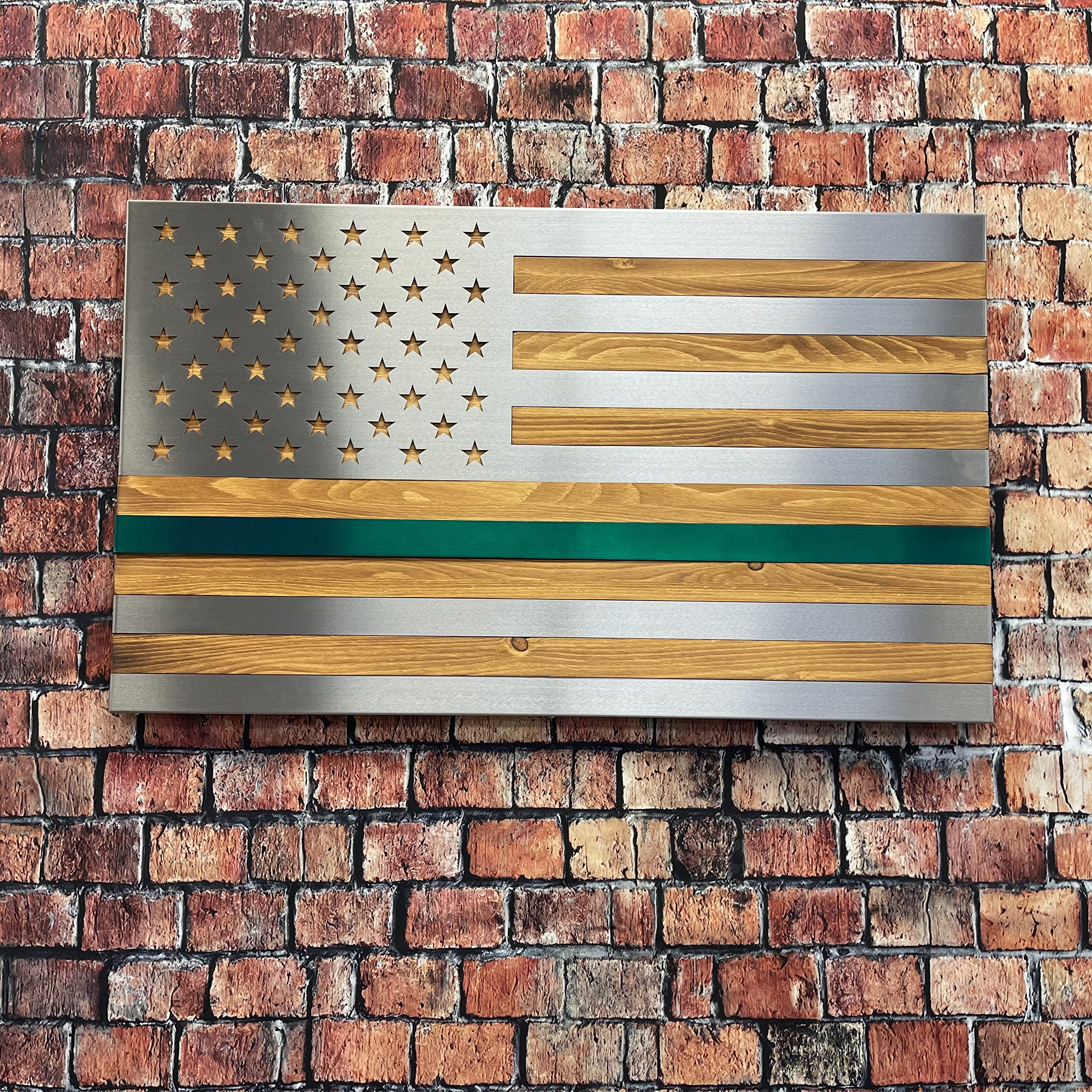 Burnt & Oiled Pine with Polished Steel Inlay American Flag Wall Art - Rustic Patriotic Home Decor for Living Room, Office & Man Cave