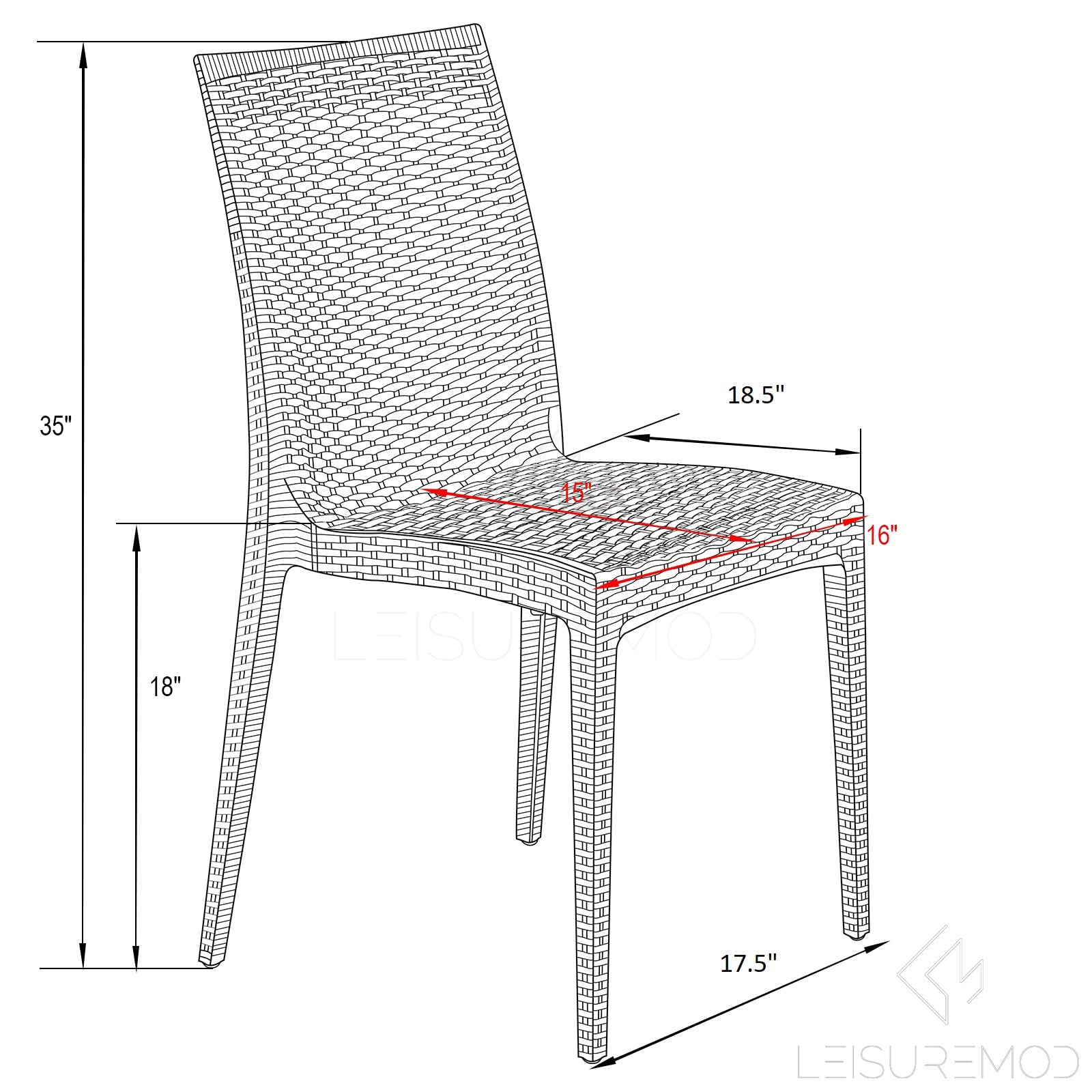 LeisureMod Modern Weave Design Mace Indoor/Outdoor Dining Chairs (Set of 2) - Black - Weather-Resistant Patio Furniture for Backyard, Poolside & Restaurant Use