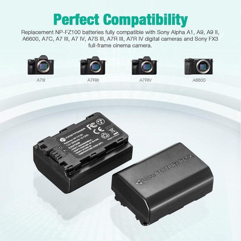 Firstpower 2 Pack NP-FZ100 Replacement Battery & Dual USB Charger for Sony A7 III A7R III A9 A7S II - Perfect for Travel Photography & Vlogging