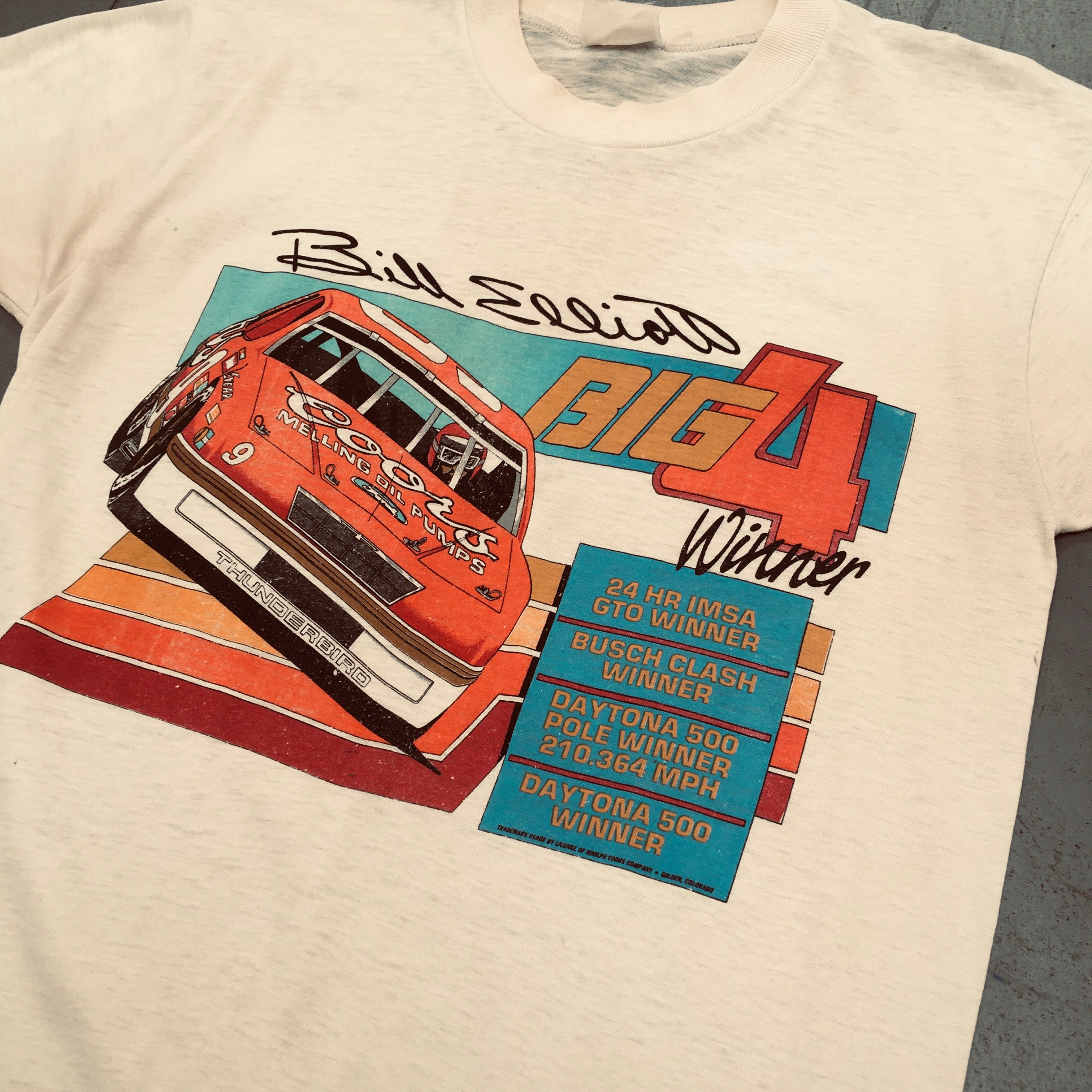 Vintage 1985 Bill Elliott NASCAR Big 4 Winner T-Shirt (Medium) - Classic Racing Fan Apparel for Men