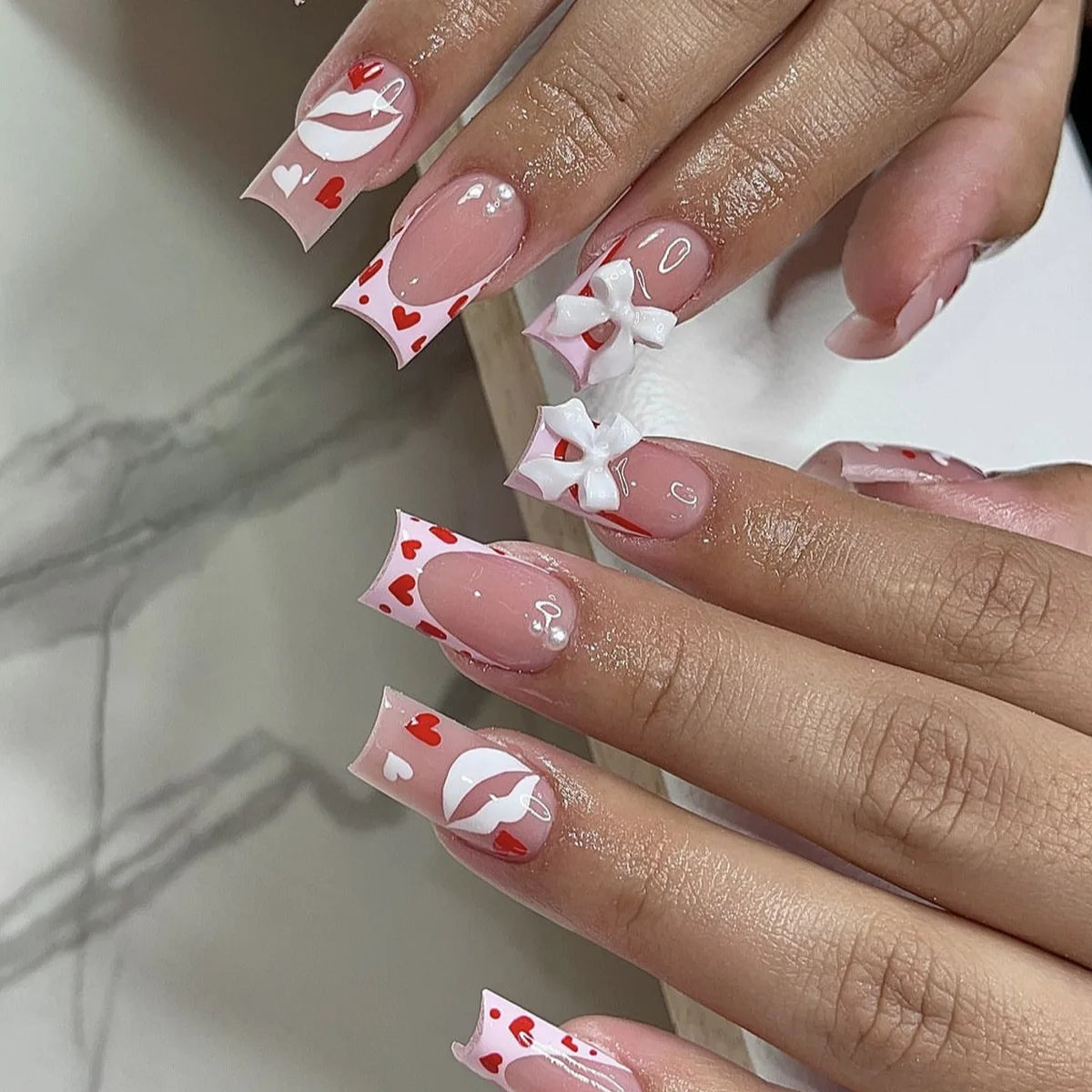 24Pcs French Tip Press on Nails - Long Glitter Rhinestone False Nails with 3D Bow Tie Designs | Wearable Y2K Fake Nails Kit Includes Jelly Glue | Perfect for Parties, Weddings, and Special Occasions