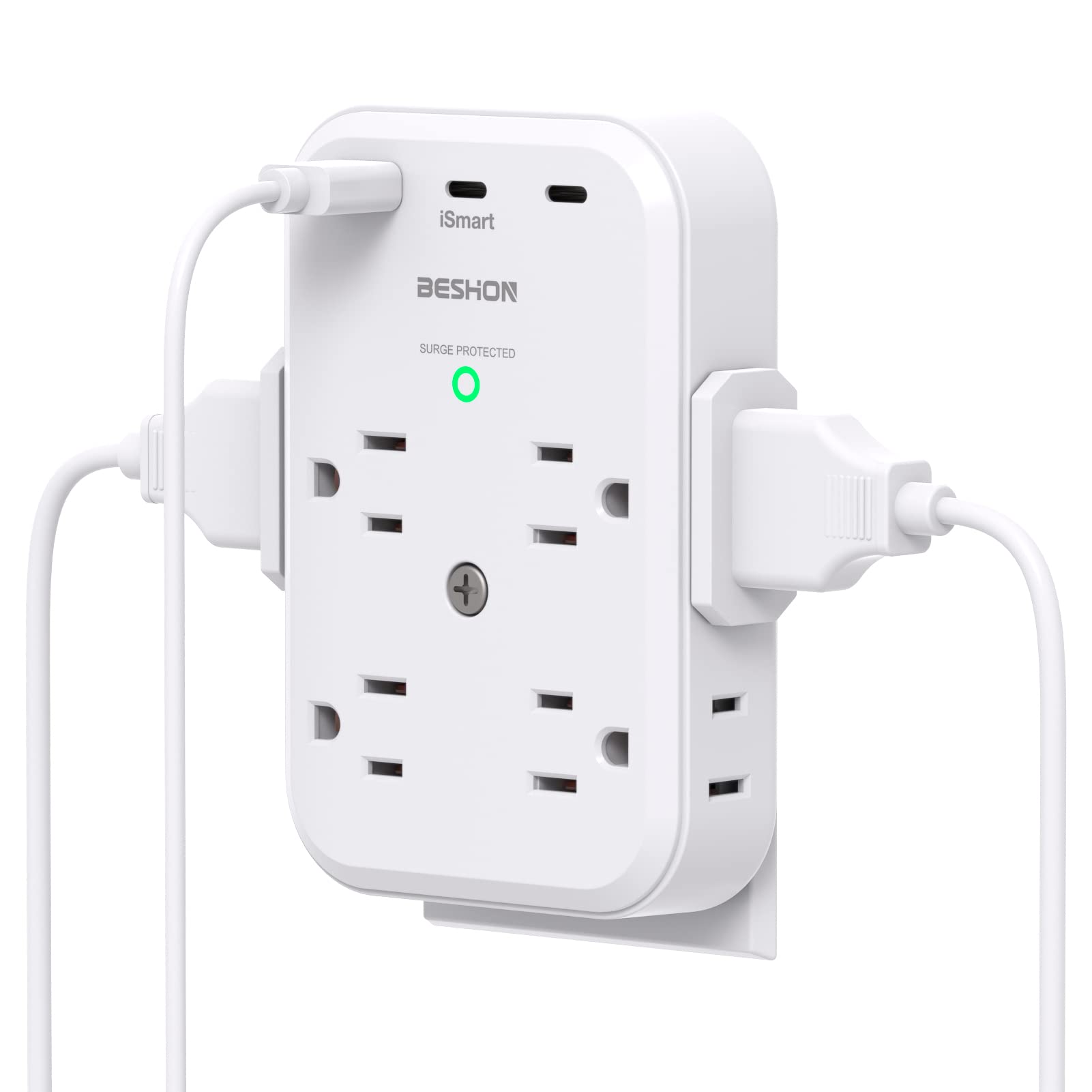 BESHON 8-Outlet Surge Protector with 3 USB Ports (2 USB-C) | 900J Power Strip | 3-Sided Wall Charger | Multi Plug Outlet Extender for Home, Office, Travel & Dorm Room | Spaced Outlets for Large Plugs