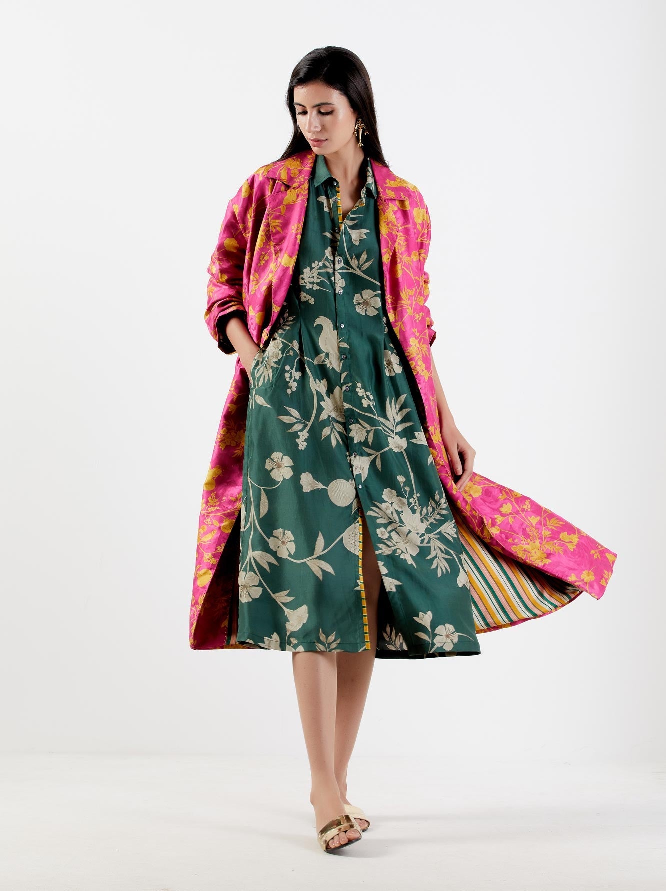 Luxury Long Silk Damask Coat for Women - Elegant Rani Style Outerwear for Formal Events & Evening Occasions
