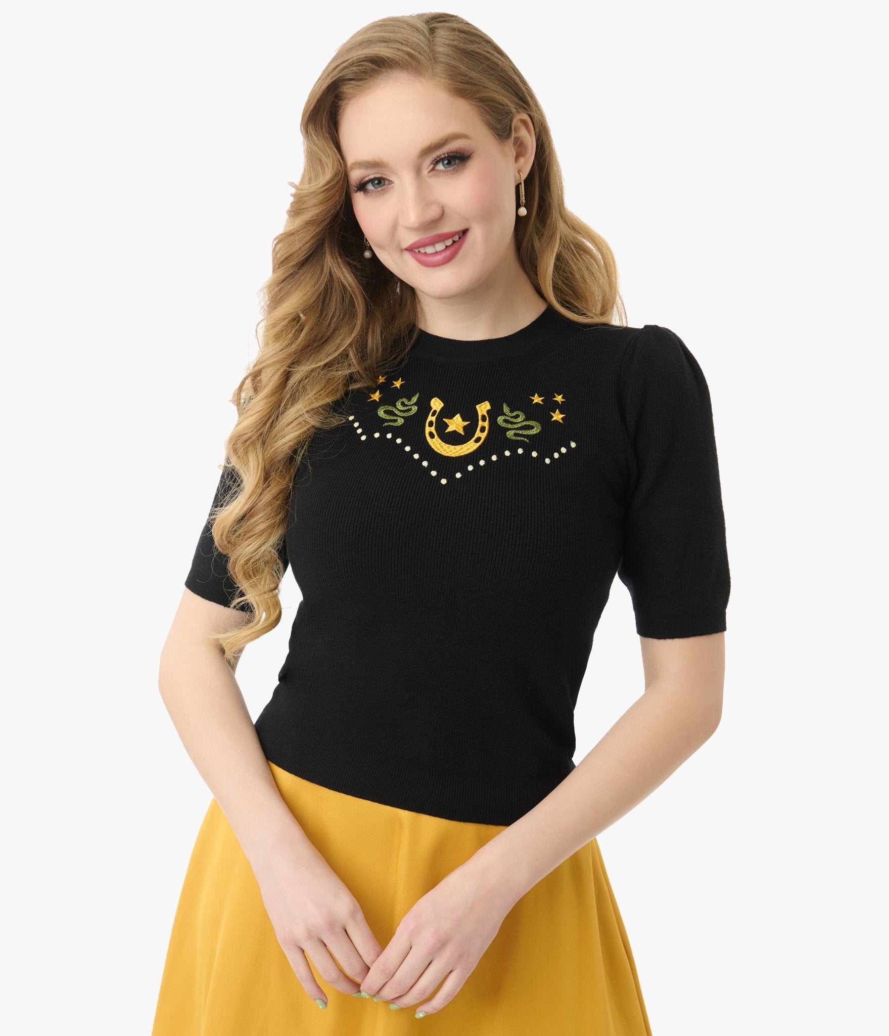 Mischief Made Black Lucky Horseshoe Sweater for Women | Stylish Pullover with Good Luck Charm | Perfect for St. Patrick's Day & Casual Outfits