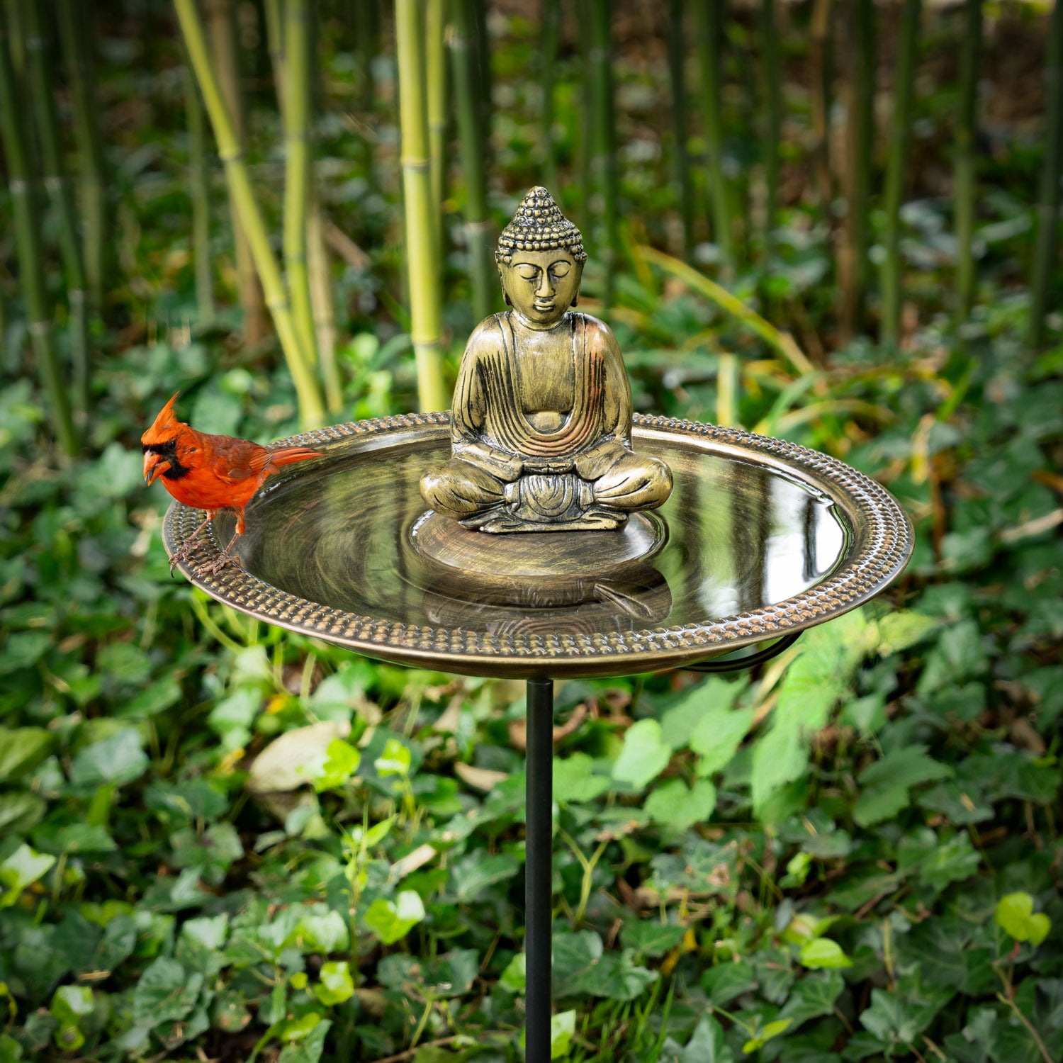 18-Inch Beaded Copper Birdbath with Meditating Buddha Statue - Outdoor Garden Decor for Zen Meditation Spaces, Patio, and Backyard Landscaping