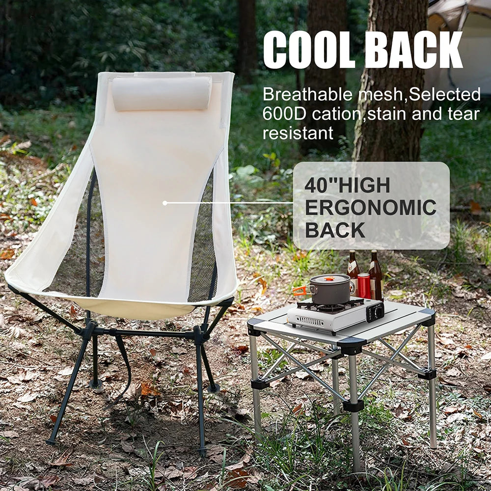 Portable Folding Camping Chair with Headrest - Lightweight Heavy Duty Aluminum Alloy Outdoor Chair for Hiking, Beach, Picnic & Backyard Relaxation