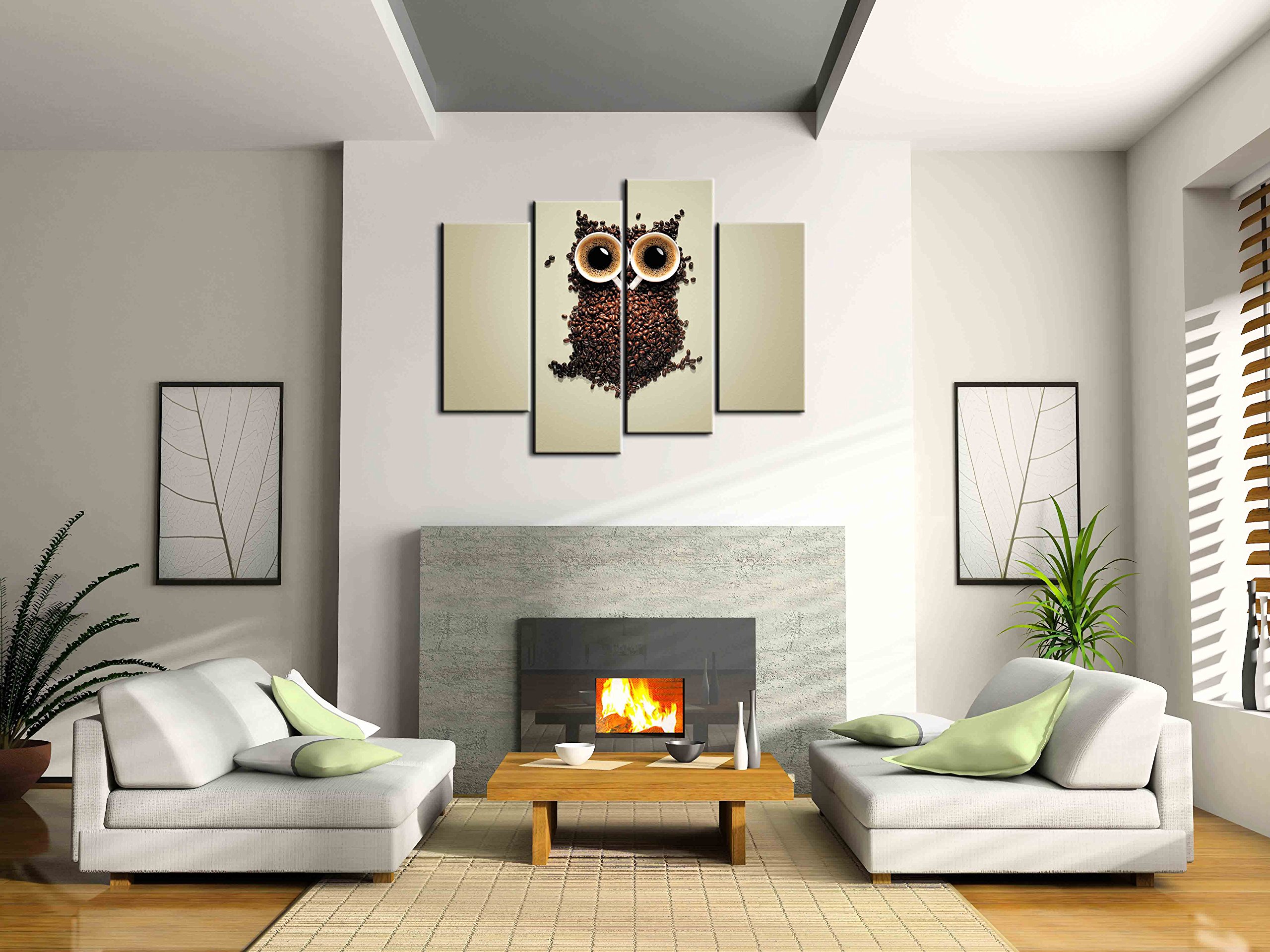 Owl Coffee Painting Wall Art - 4 Panel Canvas Print with Mosaic of Coffee Cups & Beans - Modern Home & Office Decor for Living Room, Bedroom, or Cafe