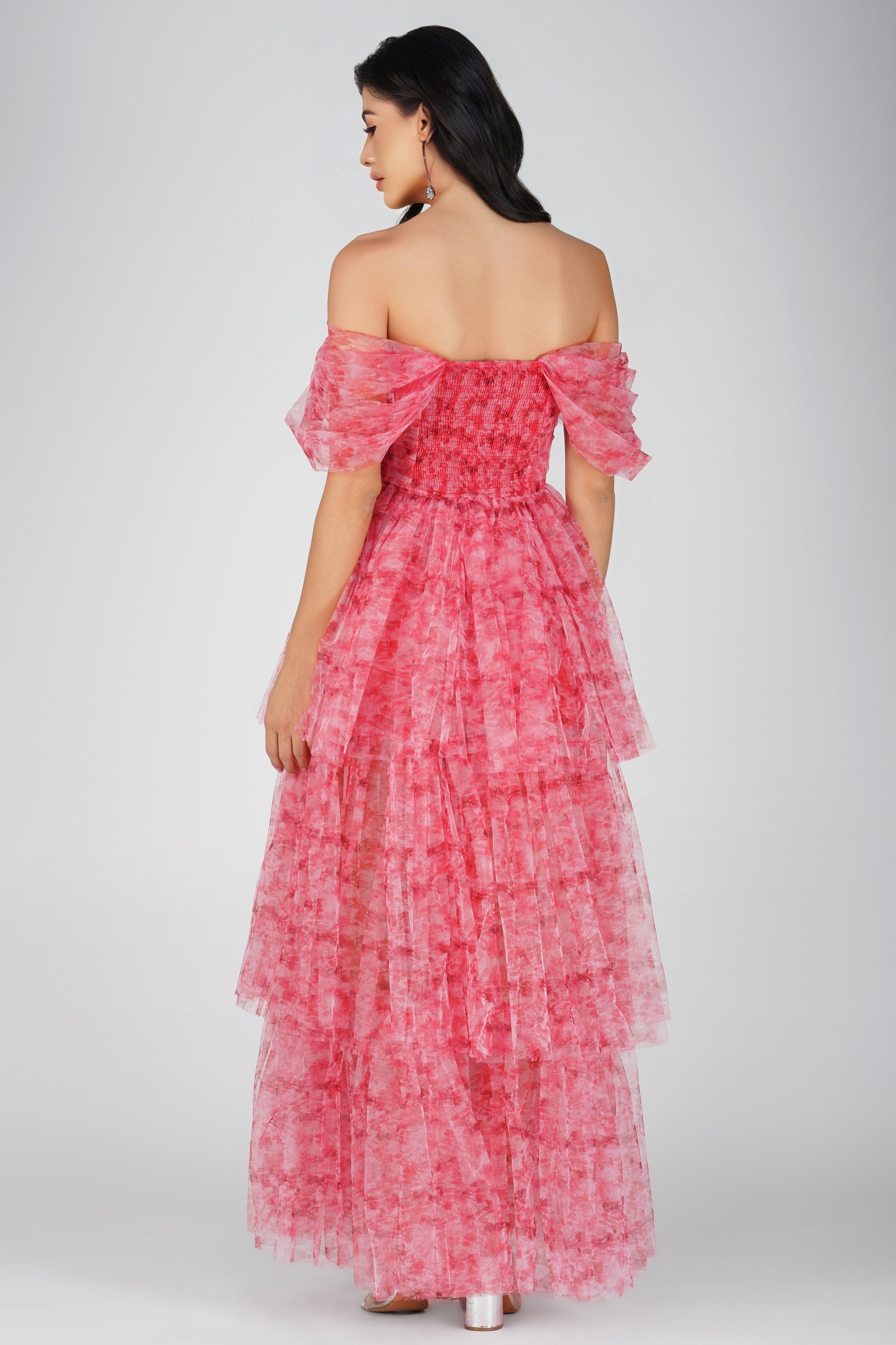 Elegant Sydney Tulle Maxi Dress in Red Print - Perfect for Weddings, Parties & Special Occasions