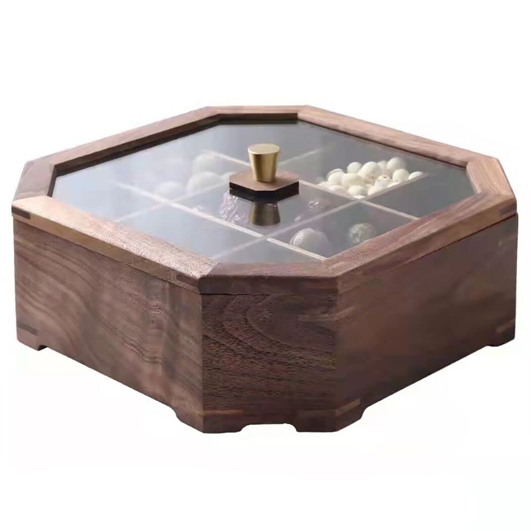 9-Compartment Snack Storage Box - Solid Black Walnut Wood Collectible Case with Glass Lid for Candy, Nuts, and Treats | Perfect for Home, Office, and Party Serving Tray