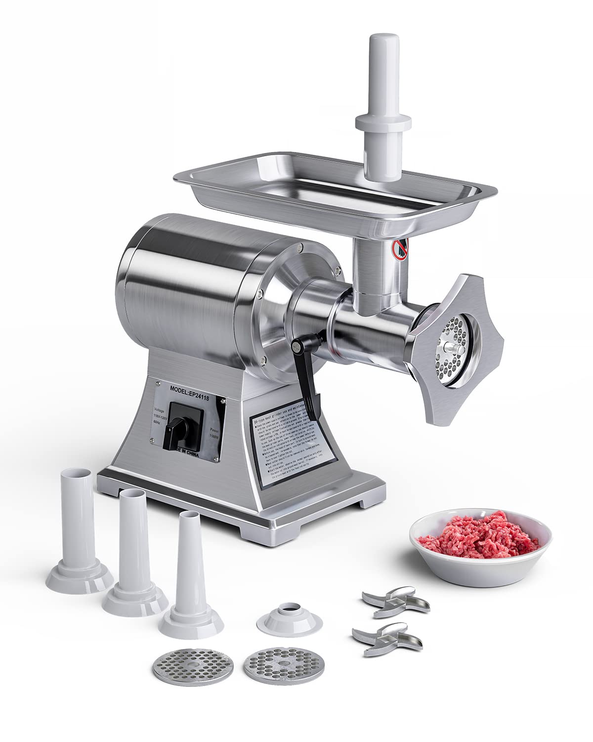 1100W Electric Meat Grinder - 3-in-1 Heavy Duty Meat Mincer & Sausage Stuffer with 2 Grinding Plates, 3 Sausage Tubes & Kubbe Kit - Stainless Steel Food Grinder for Home Kitchen & Commercial Use - Perfect for Ground Beef, Sausage Making & Food Prep
