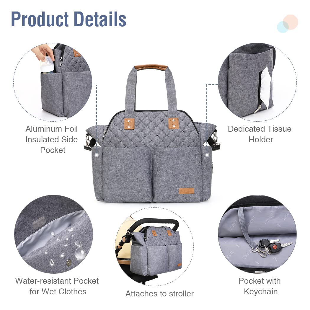 Lekebaby Waterproof Diaper Bag Tote - Large Baby Bag for Moms, Hospital & Travel - Grey Messenger Purse | Perfect for Newborn Essentials, Daycare & Family Outings