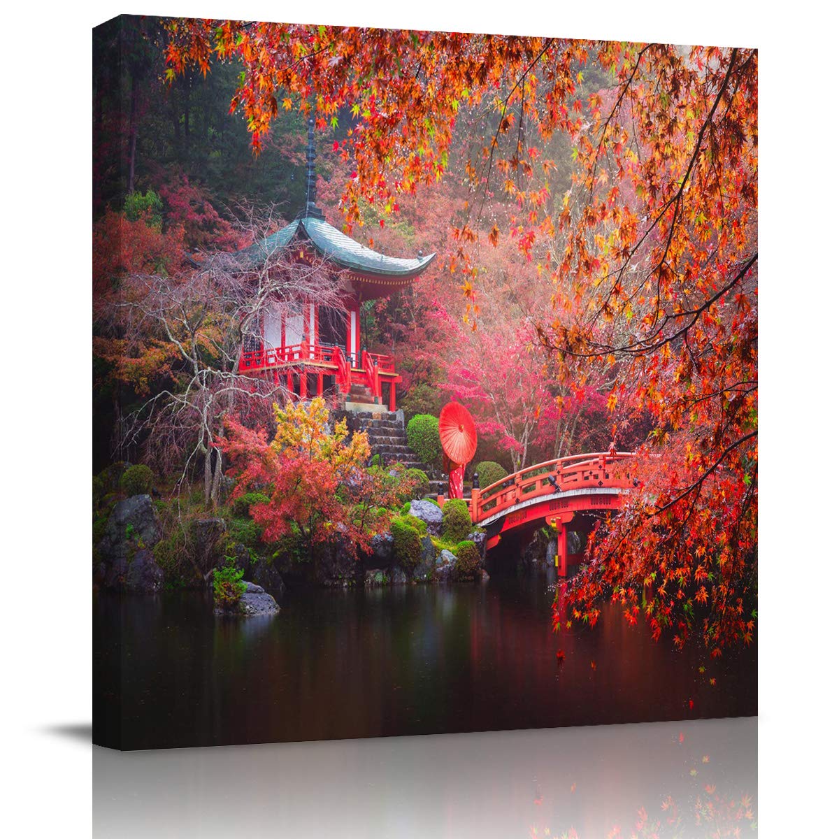 Framed Canvas Wall Art - Abstract Pavilion Maple Leaf Mountain Forest with Stone Bridge Painting Print, Ready to Hang 12x12 Inches, Perfect for Bedroom, Bathroom & Kitchen Decor - Ideal Gift for Housewarming & Home Office