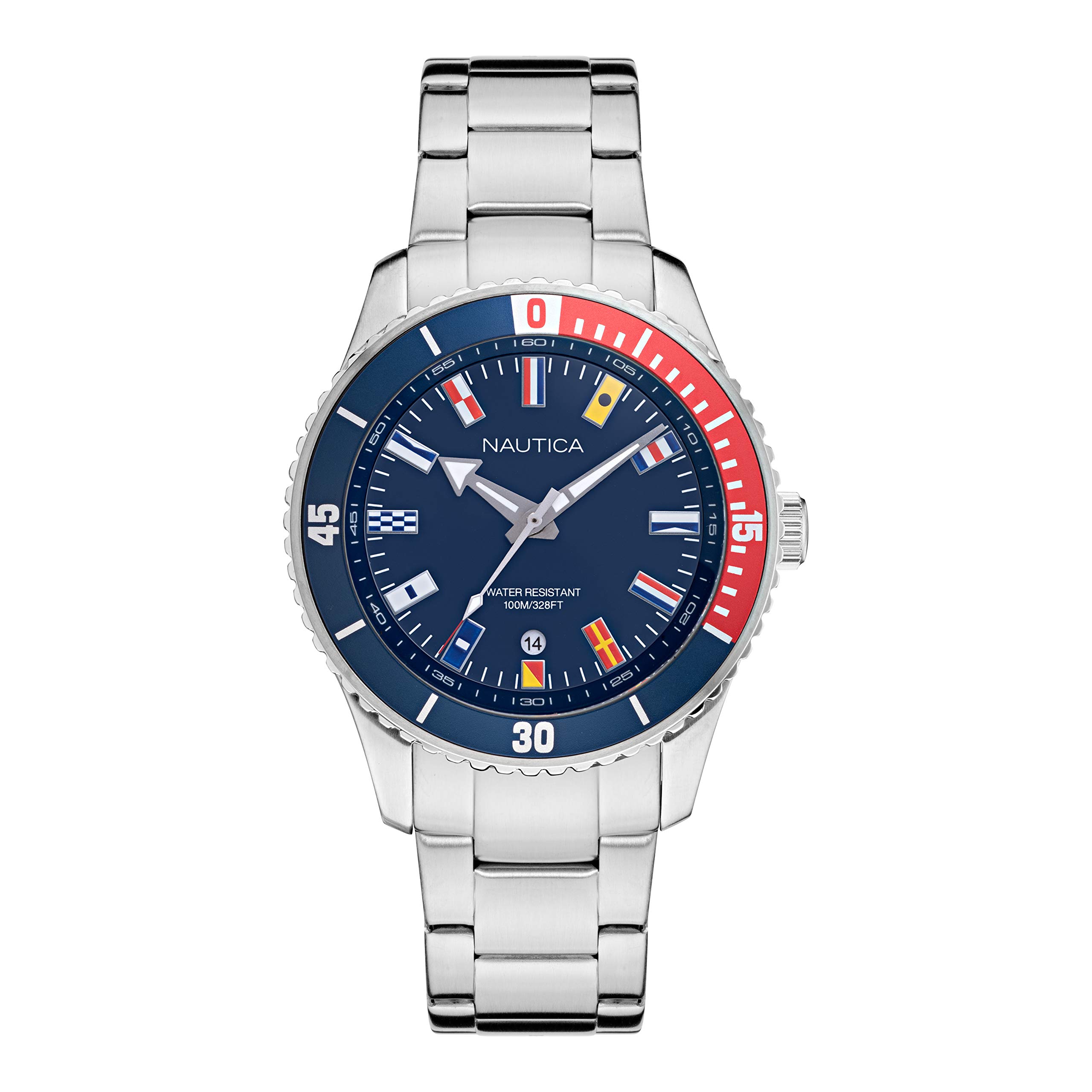 Nautica Men's Pacific Beach Watch with Date - Blue Silver Flags Metal Stainless Steel Band - Waterproof Casual Dress Watch for Men - Perfect for Swimming, Diving & Everyday Wear