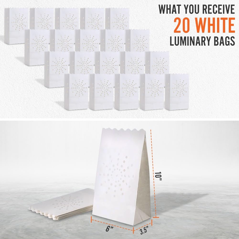 20 Pack White Kraft Paper Luminary Bags - Decorative Lanterns for Valentine's Day, Christmas, Thanksgiving Party Decor - Perfect for Weddings, Engagement Proposals & Outdoor Events - Creates Warm Ambient Lighting for Romantic Evenings & Holiday Celebrations